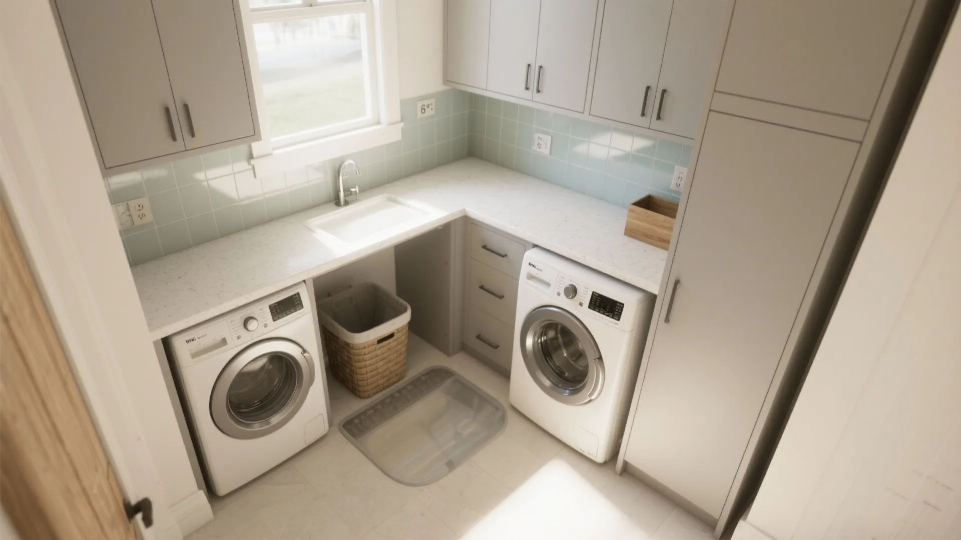 Laundry room layout with white washing machine dryer sink white cabinets and blue tiled wall background