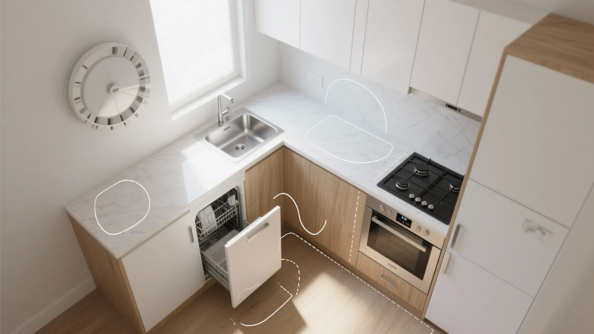 Modern L-shaped kitchen featuring white marble countertops wood cabinets open dishwasher and a black stove
