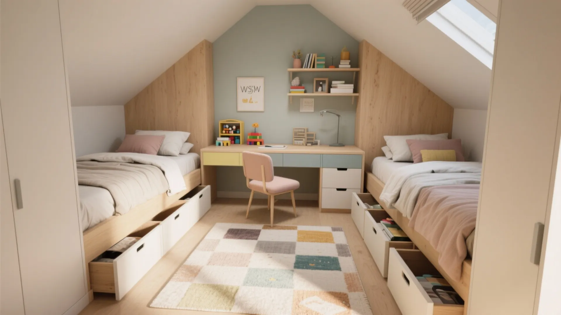 L-shaped or staggered layout with built-in storage