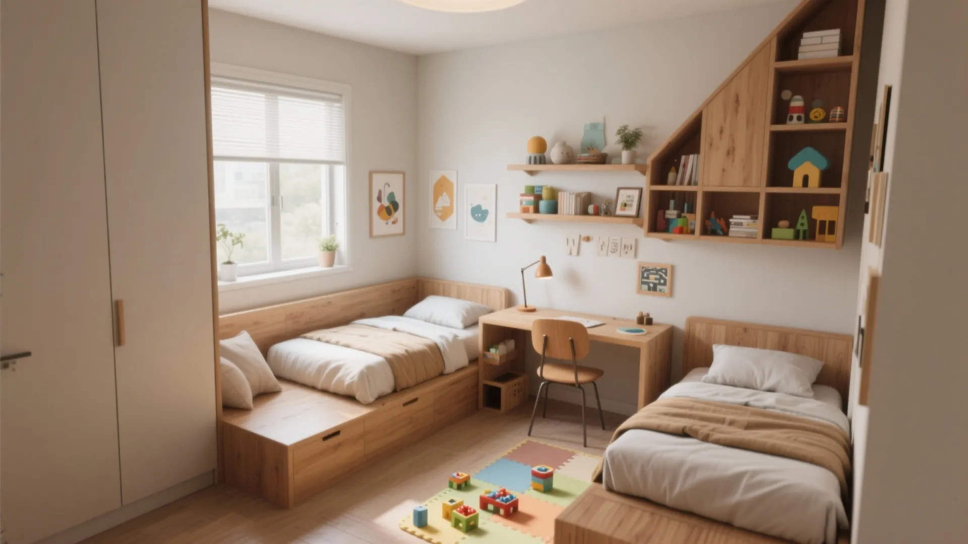 Small bedroom with an L-shaped twin bed arrangement and a compact corner desk