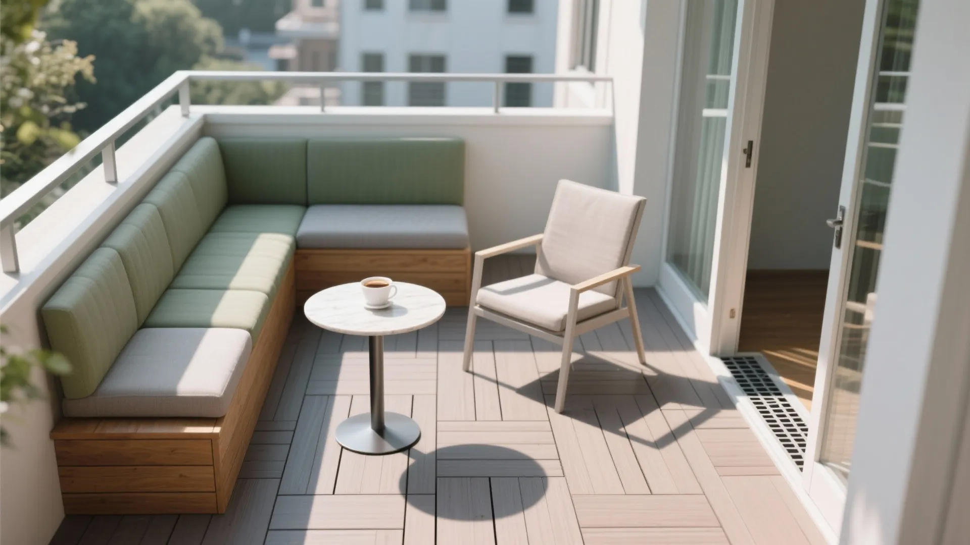 L-shaped balcony layout that creates a living zone