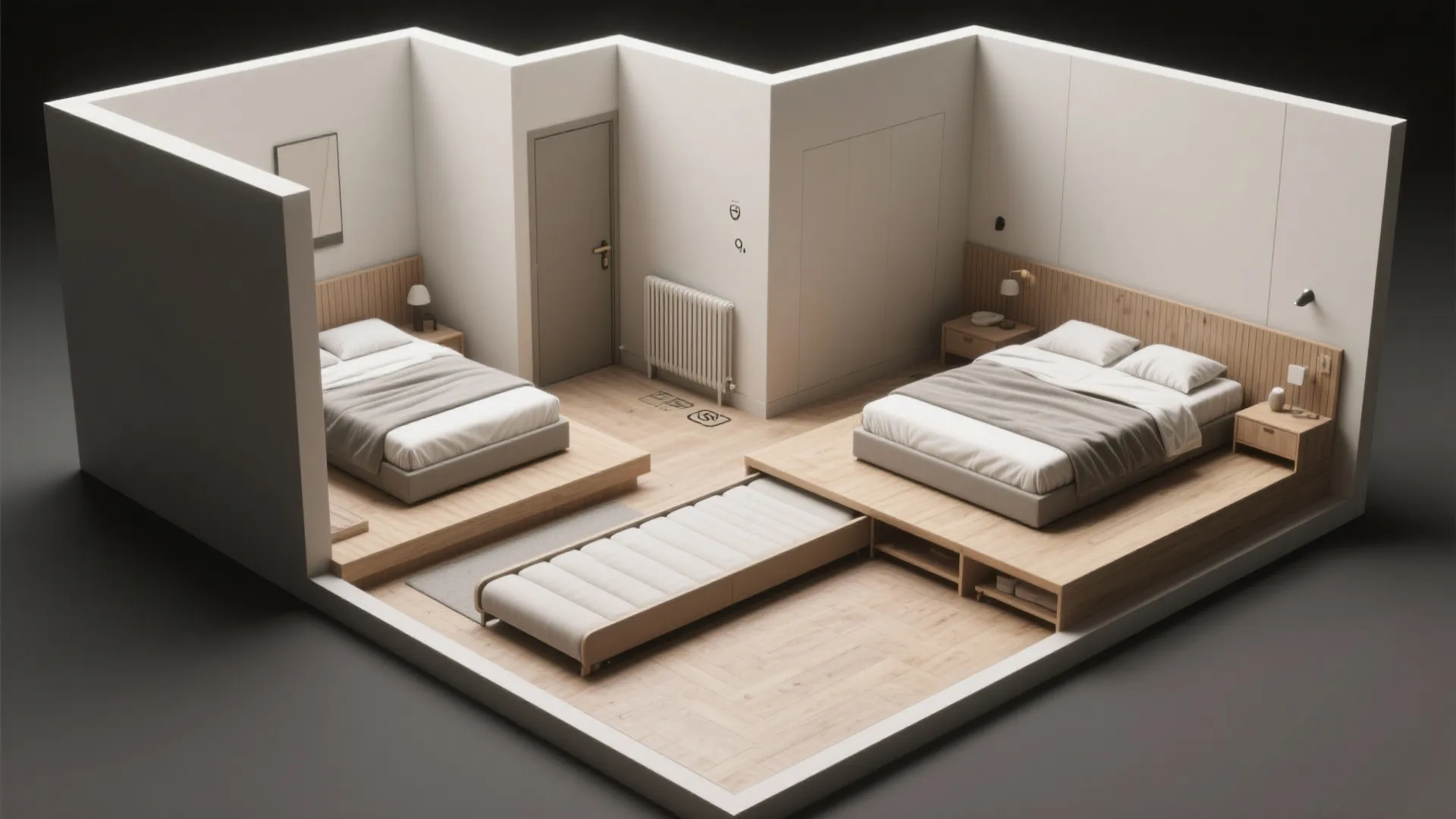 3. L-shaped arrangement with low-profile beds