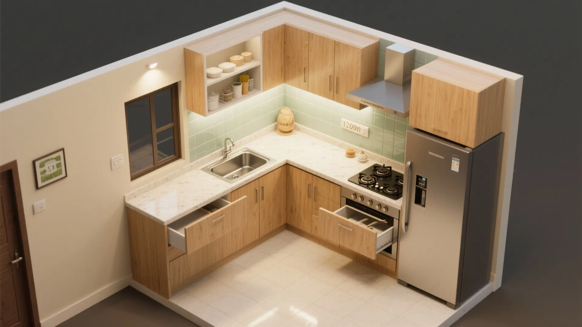Interior design drawing of L-shaped kitchen with wooden cabinets grey fridge and white marble countertop