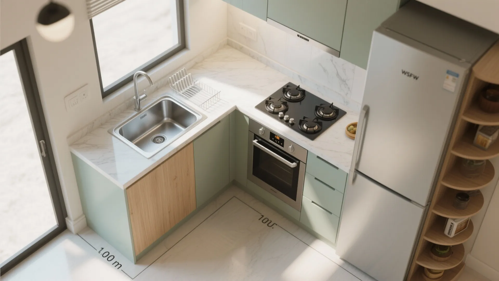 Modern L-shaped kitchen layout featuring green cabinets, marble countertop, stainless steel sink, stove, and refrigerator