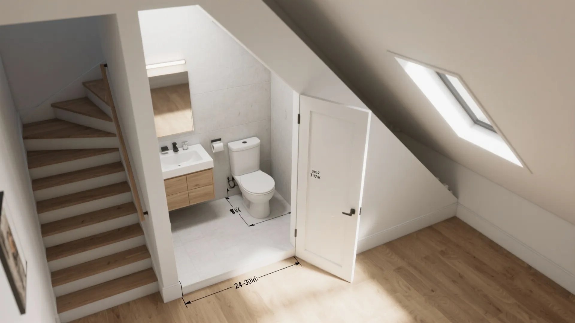 Small bathroom under stairs with toilet white sink wood cabinet white door and sloped ceiling