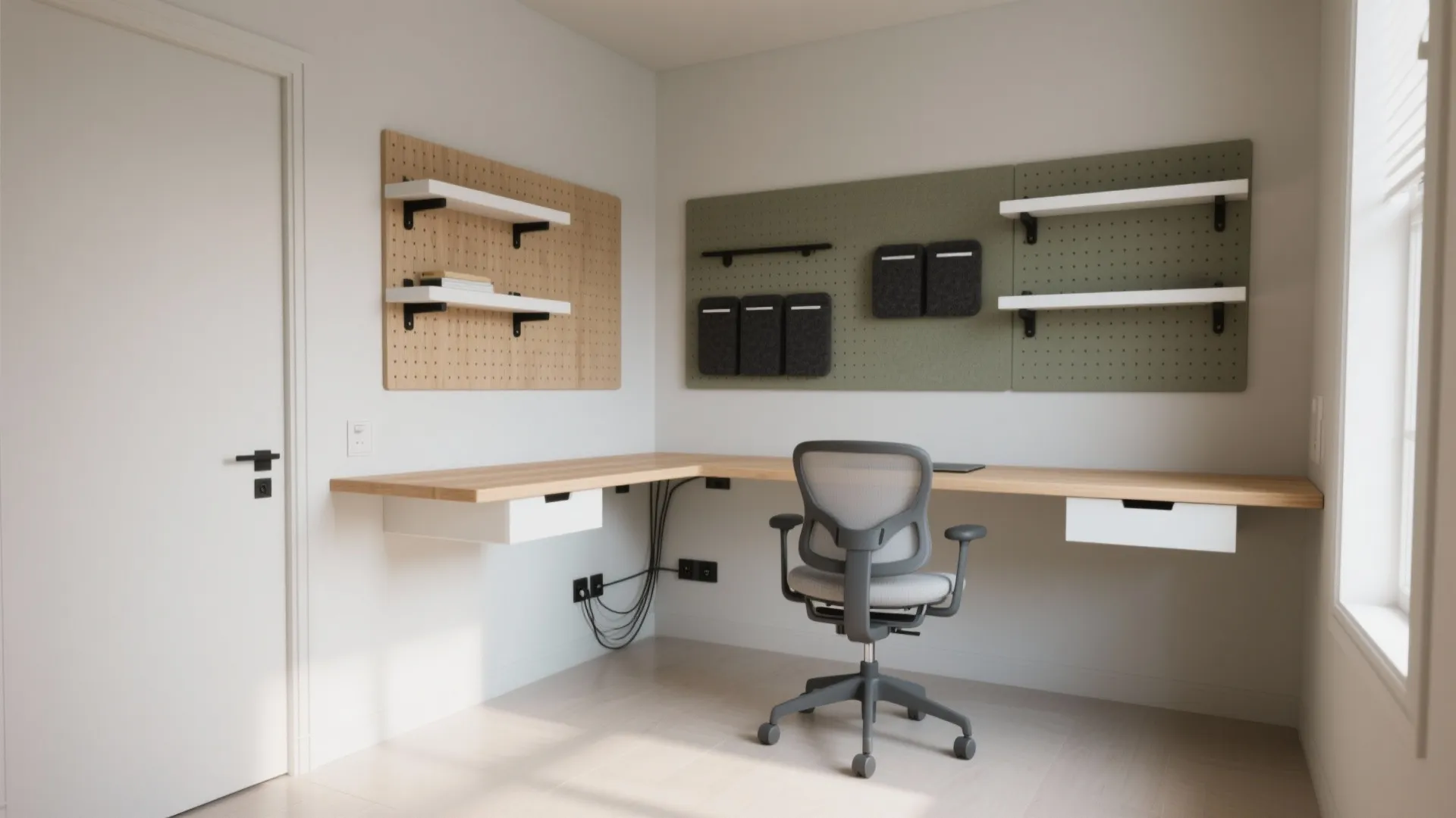 L-shaped work zones and vertical storage to free floor area