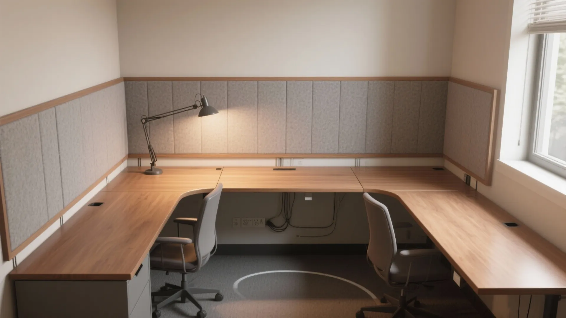 L-shaped wooden desk in office corner with grey wall panels, desk lamp, and two chairs