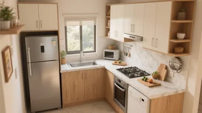 Modern L-Shaped Kitchen with Wood & Marble Accents