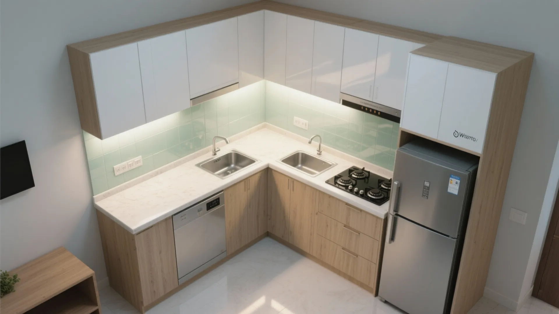 L-shaped micro kitchen layout