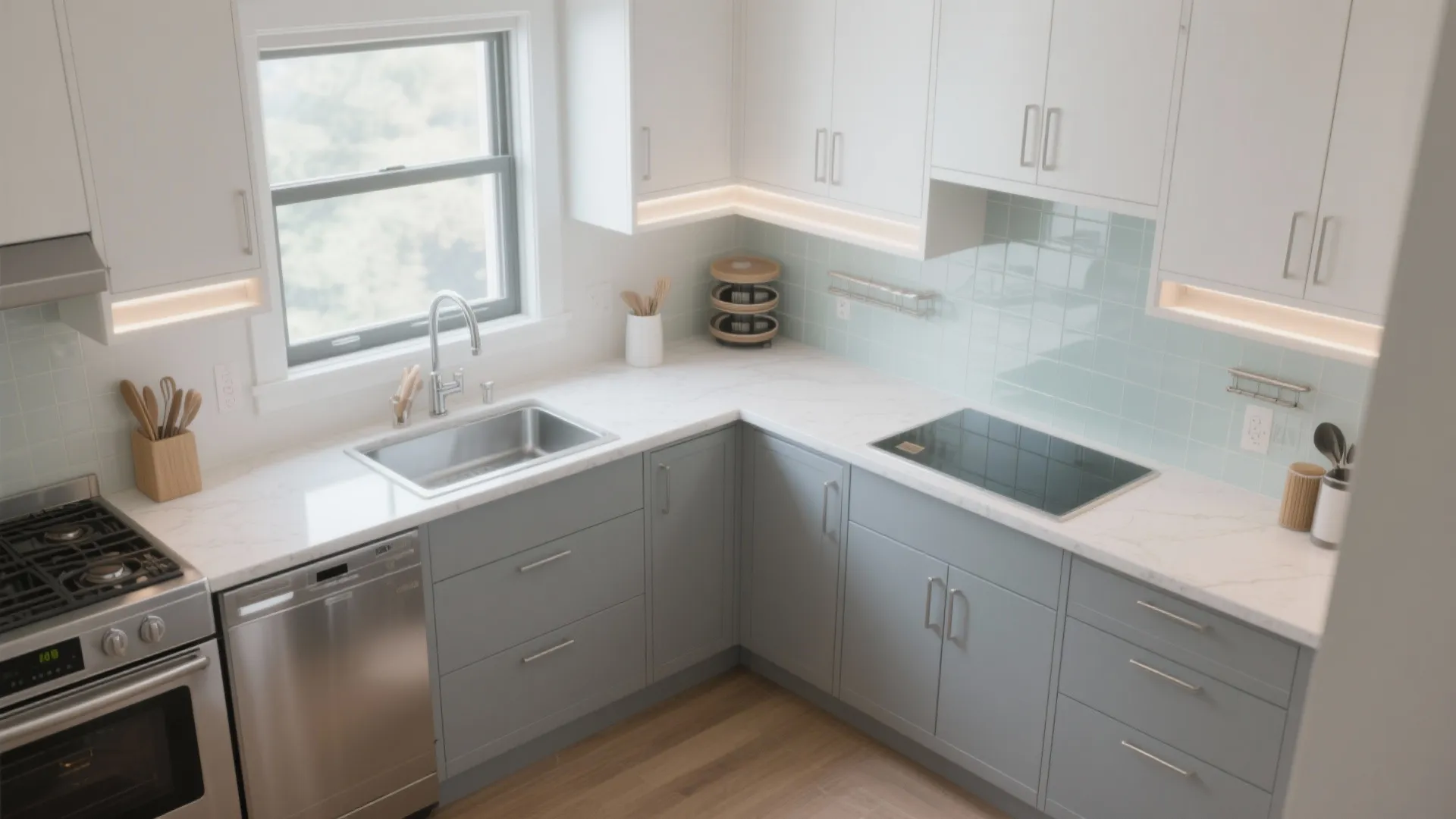 L shaped kitchen layout with blue lower cabinets white upper cabinets and a silver sink