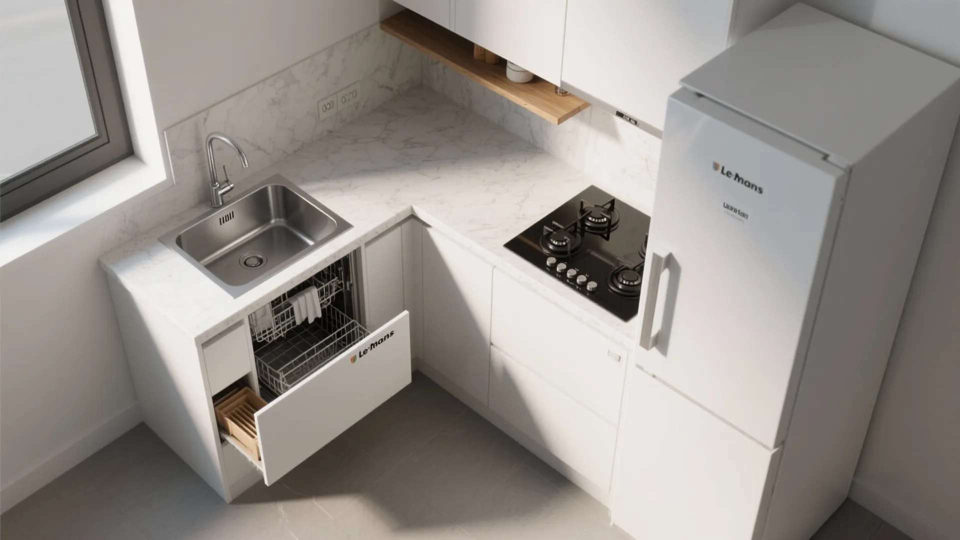 L-shaped layout to free more prep space