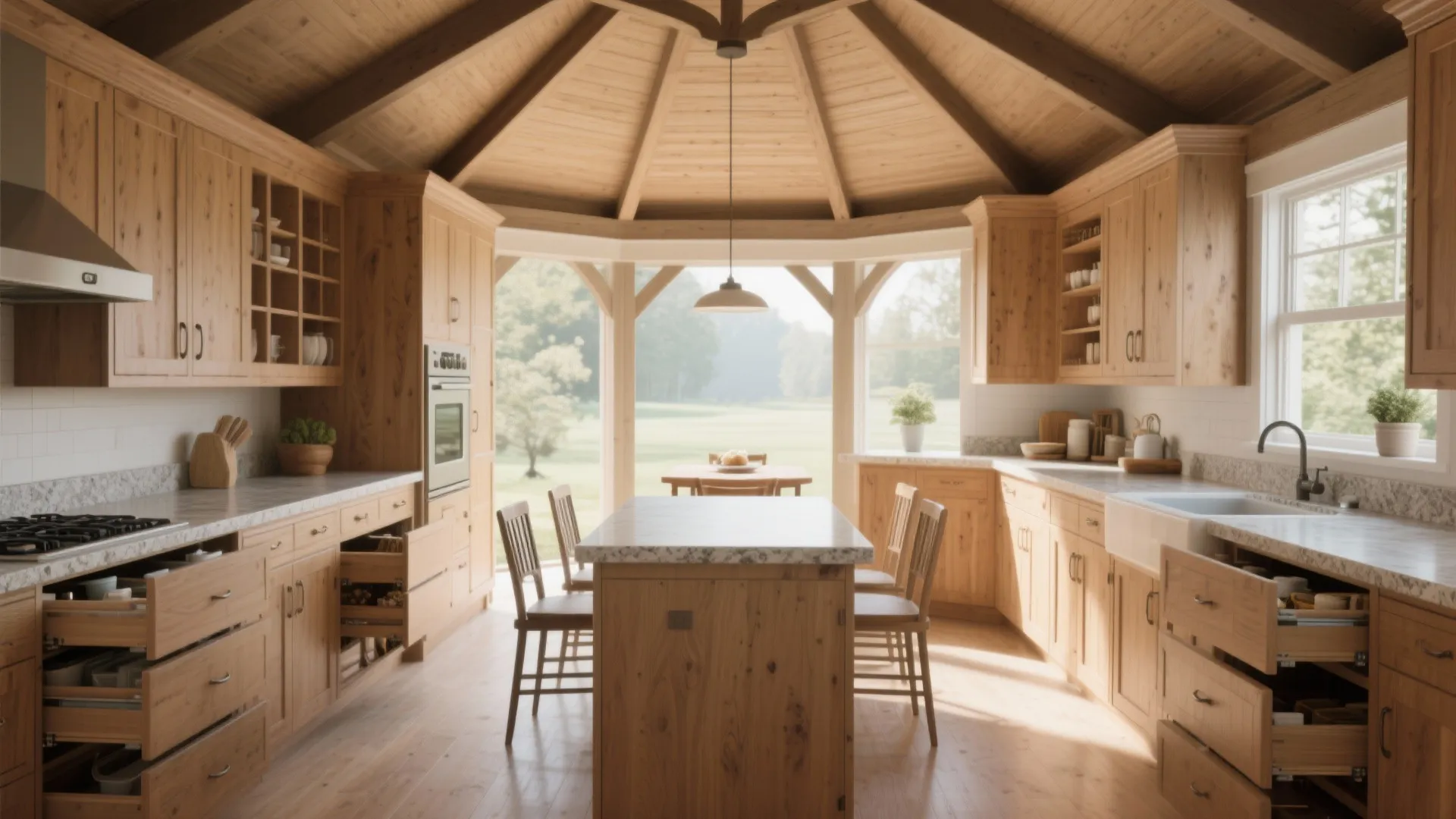 L-shaped gazebo kitchen using corner space with a pull-out pantry and continuous countertops.