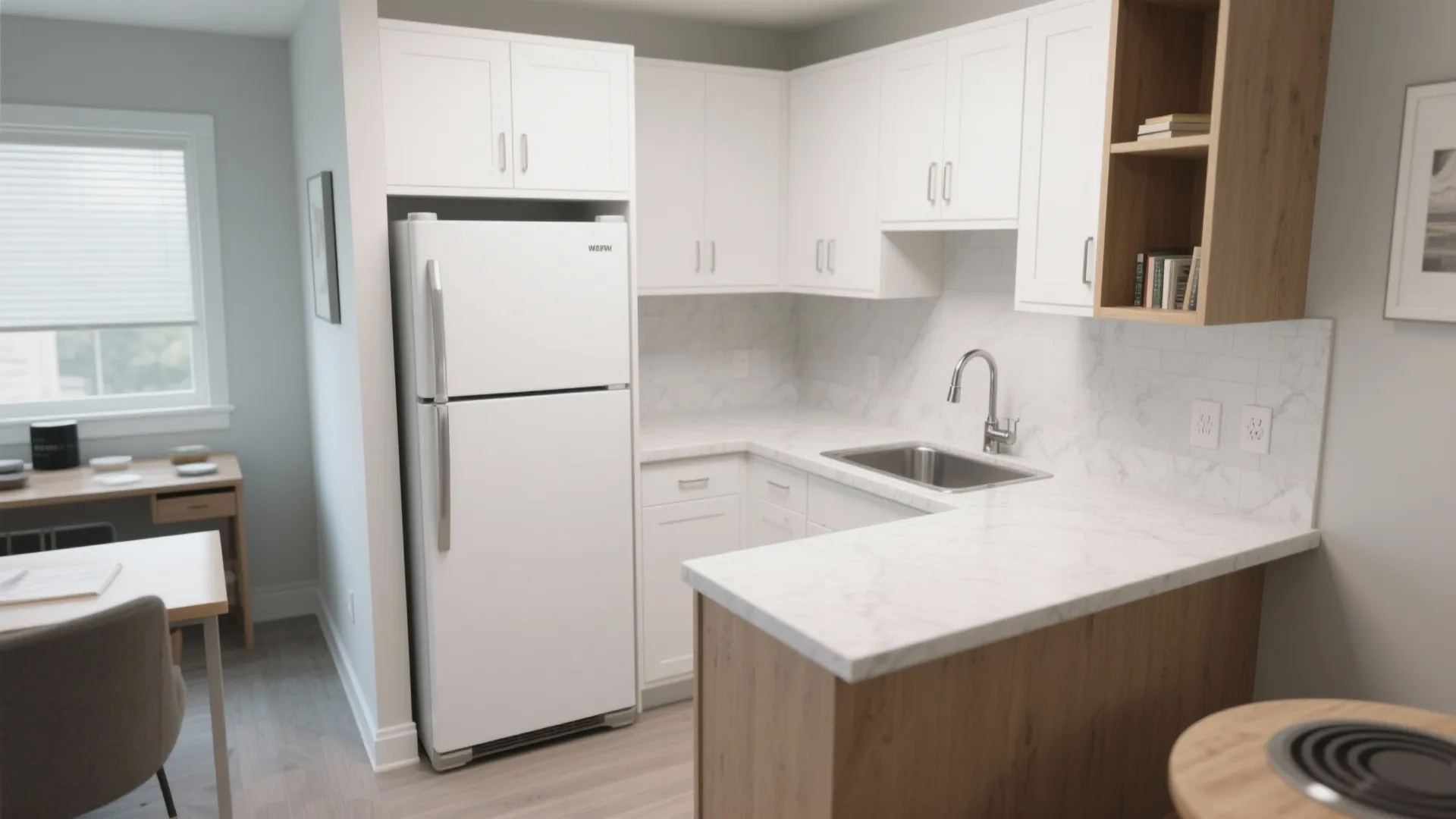 Small kitchen layout with white cabinets a white fridge marble countertop sink and wood accents