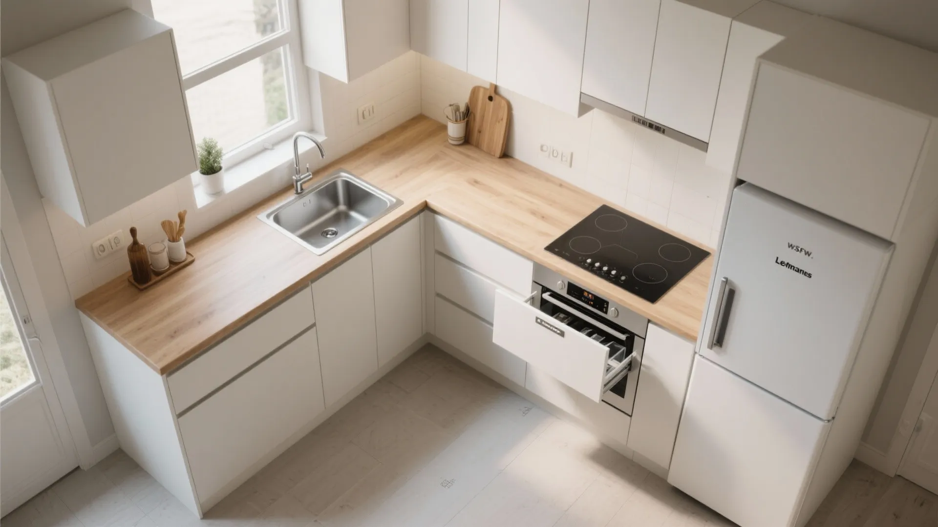 Small L-shaped kitchen with white cabinets, wood countertop, sink, electric stove, oven, and white refrigerator