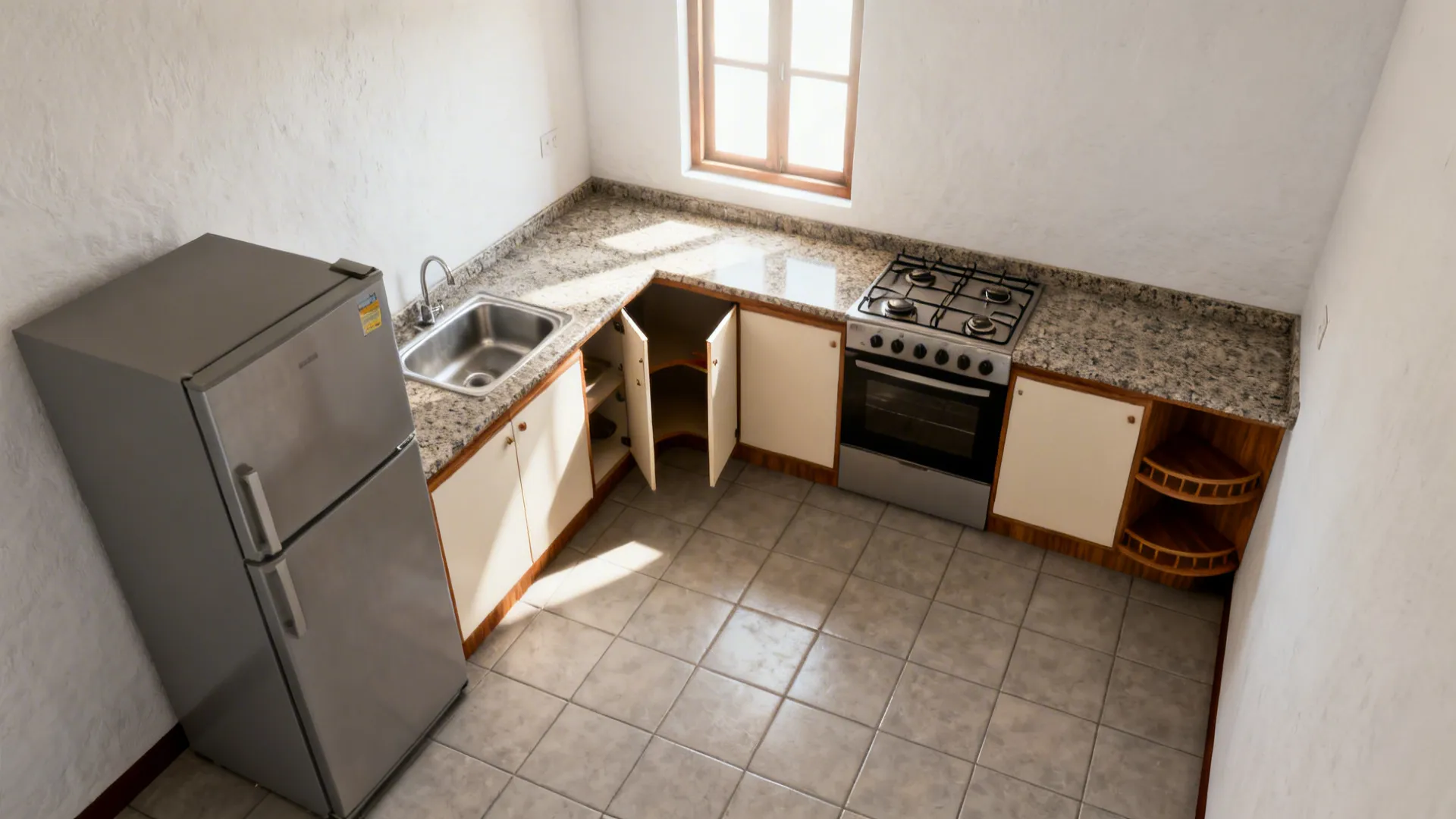 L-shaped Indian village kitchen with sink, hob, and fridge arranged for an efficient work triangle.