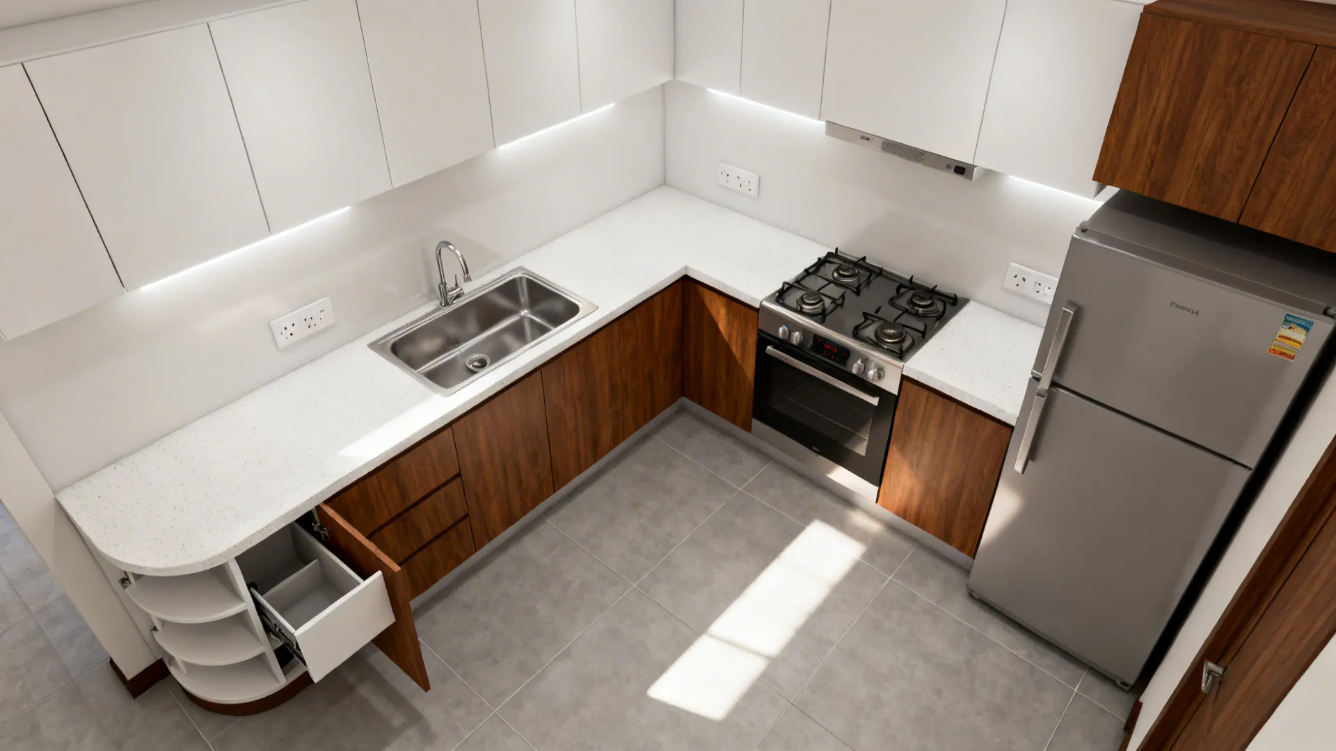 L-shaped compact kitchen showing clear prep zone and corner carousel with wood and white finishes.