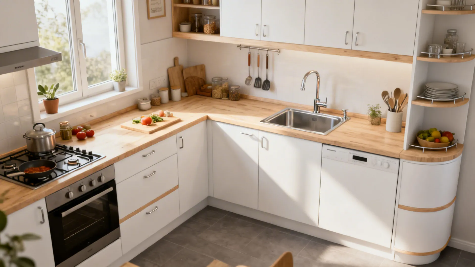 Compact L-shaped kitchen with a continuous prep counter and optimized corner storage.