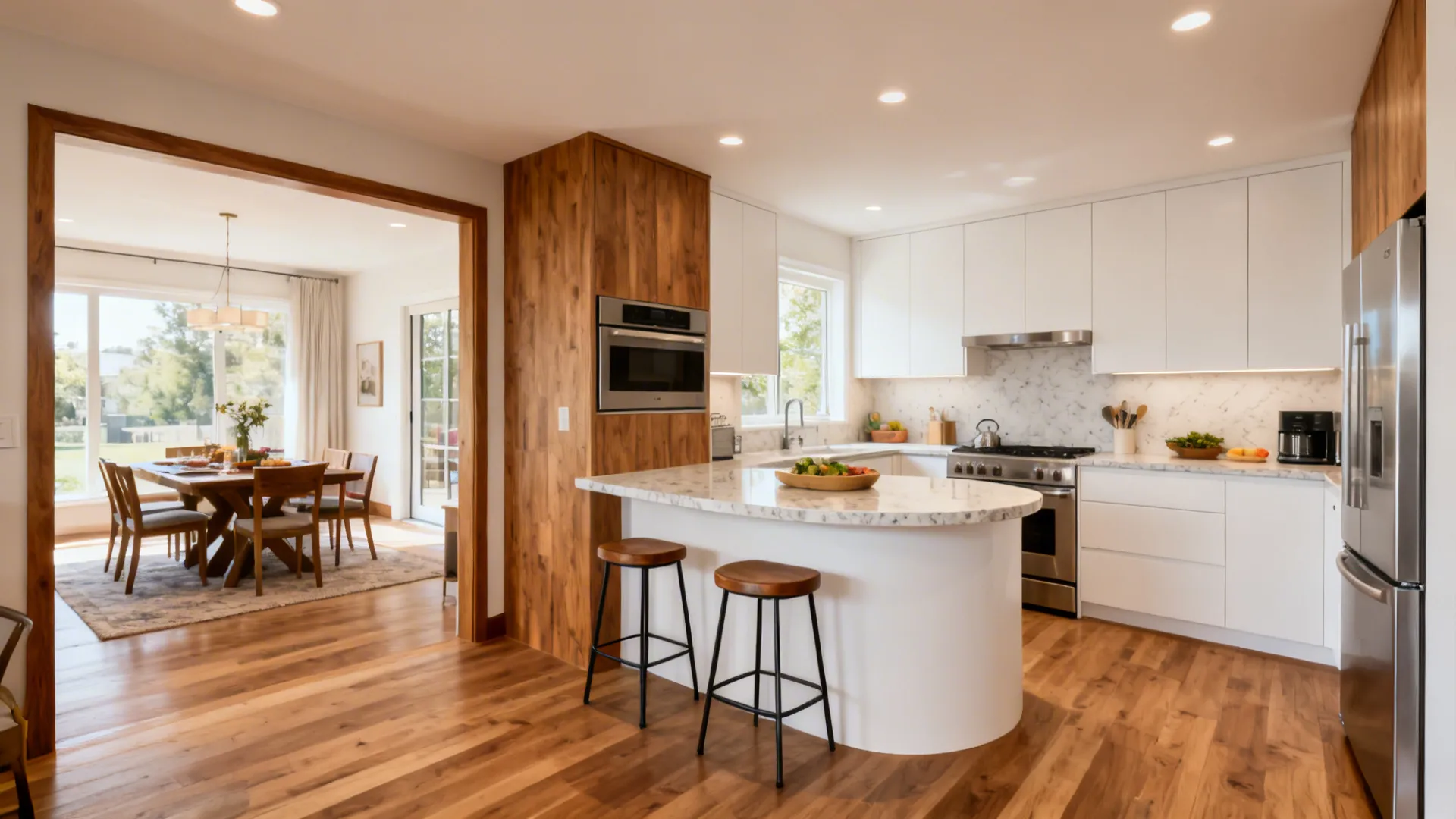 Compact L-shaped kitchen with a peninsula and clear aisle opening toward a dining room.