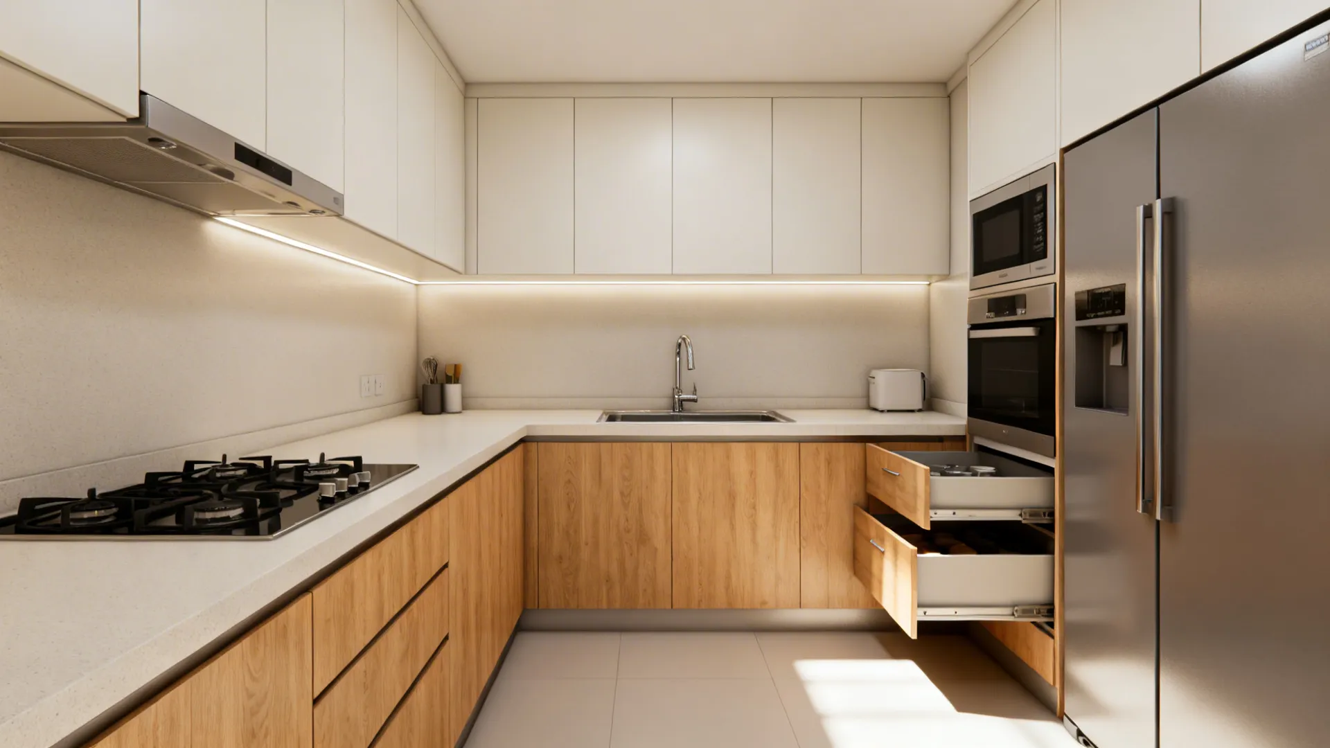 L-shaped HDB kitchen with long prep counter, ergonomic triangle, and corner trays.