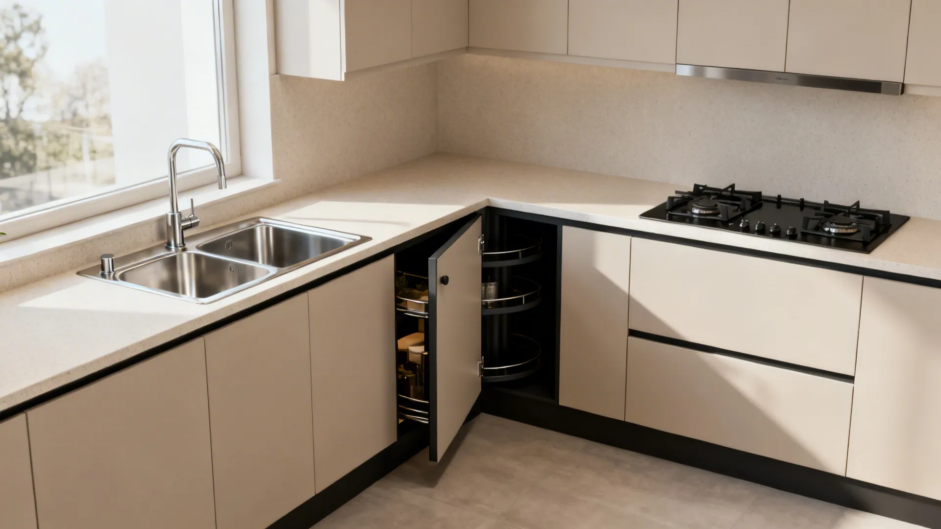 Modern L-shaped kitchen with cream cabinets featuring corner pull out shelf and stainless steel sink
