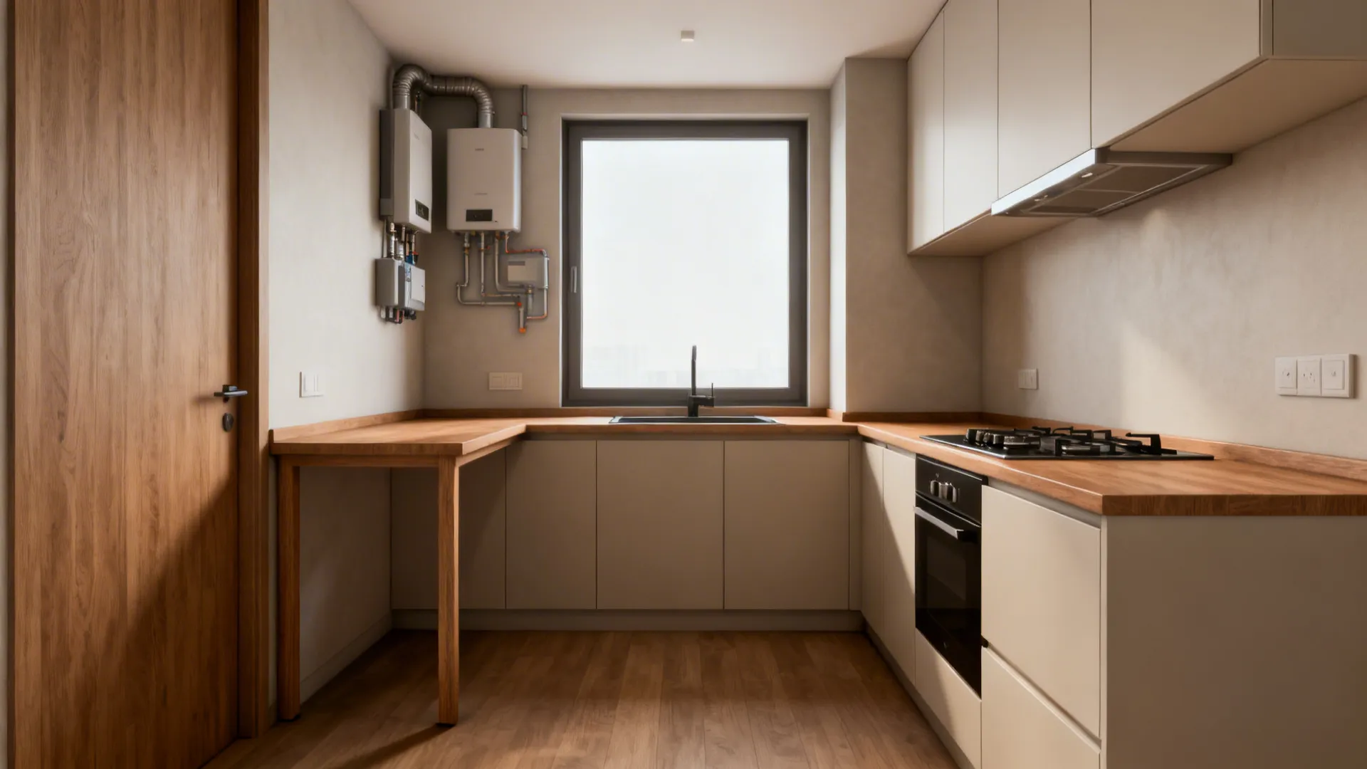 Compact L-shaped kitchen showing continuous counter space and corner storage solution.