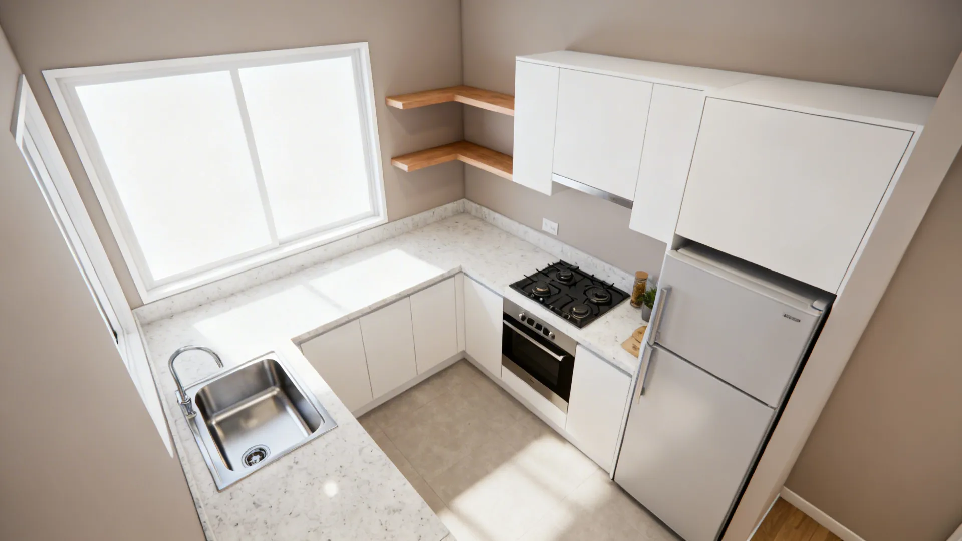 Compact L-shaped BTO kitchen with clear work triangle and continuous prep counter.