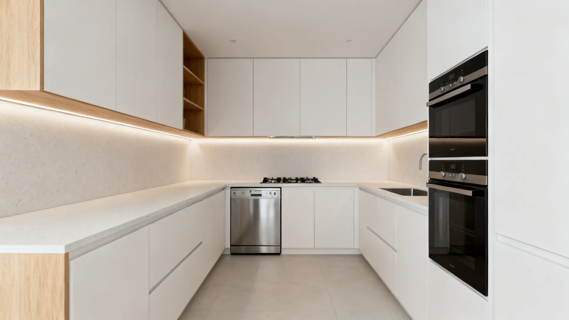Small L-shaped kitchen with continuous counters and a unified pop plus-minus ceiling for even lighting.