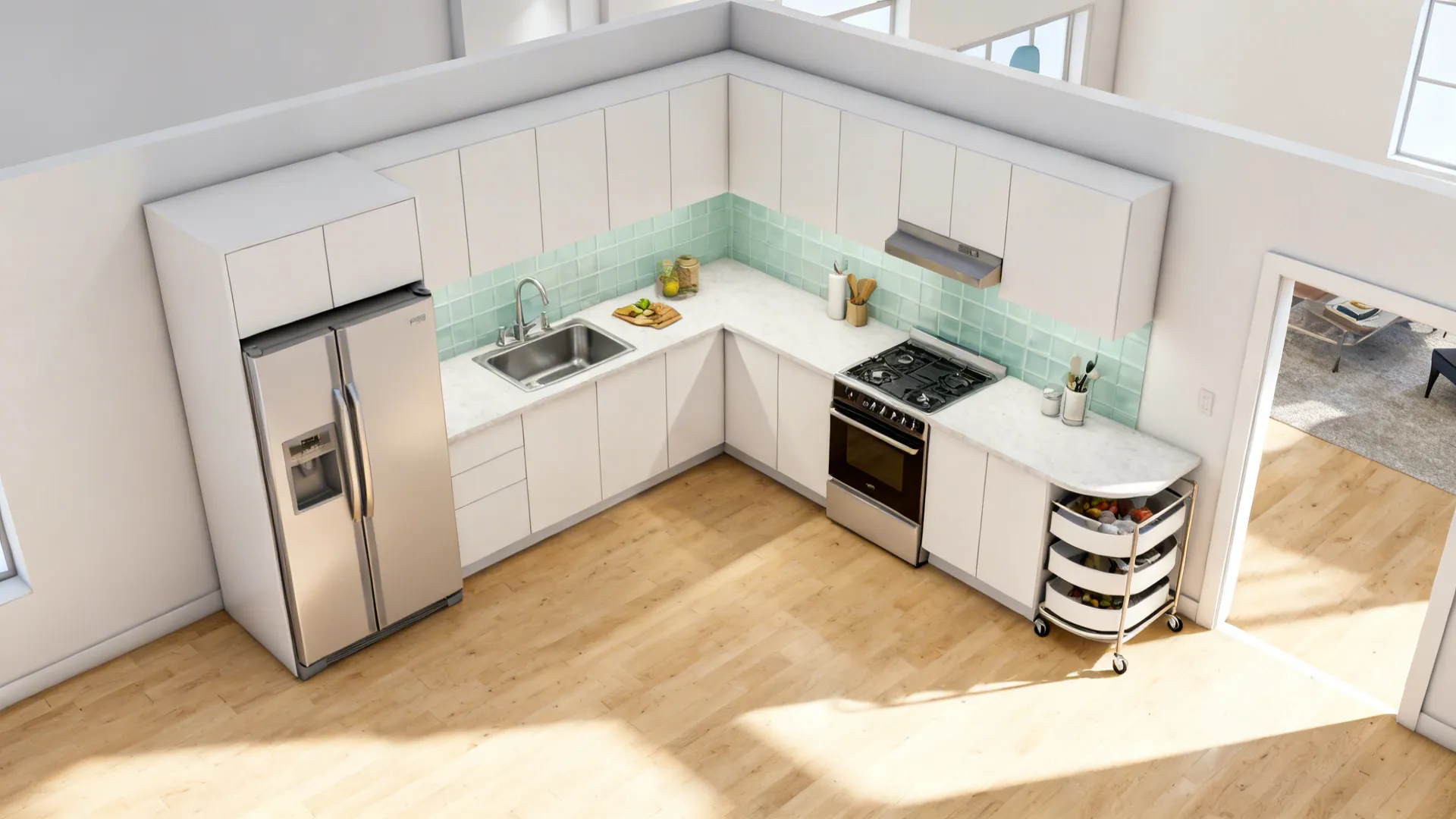 Top-down view of a compact L-shaped kitchen showing clear zones and a counter-depth fridge.