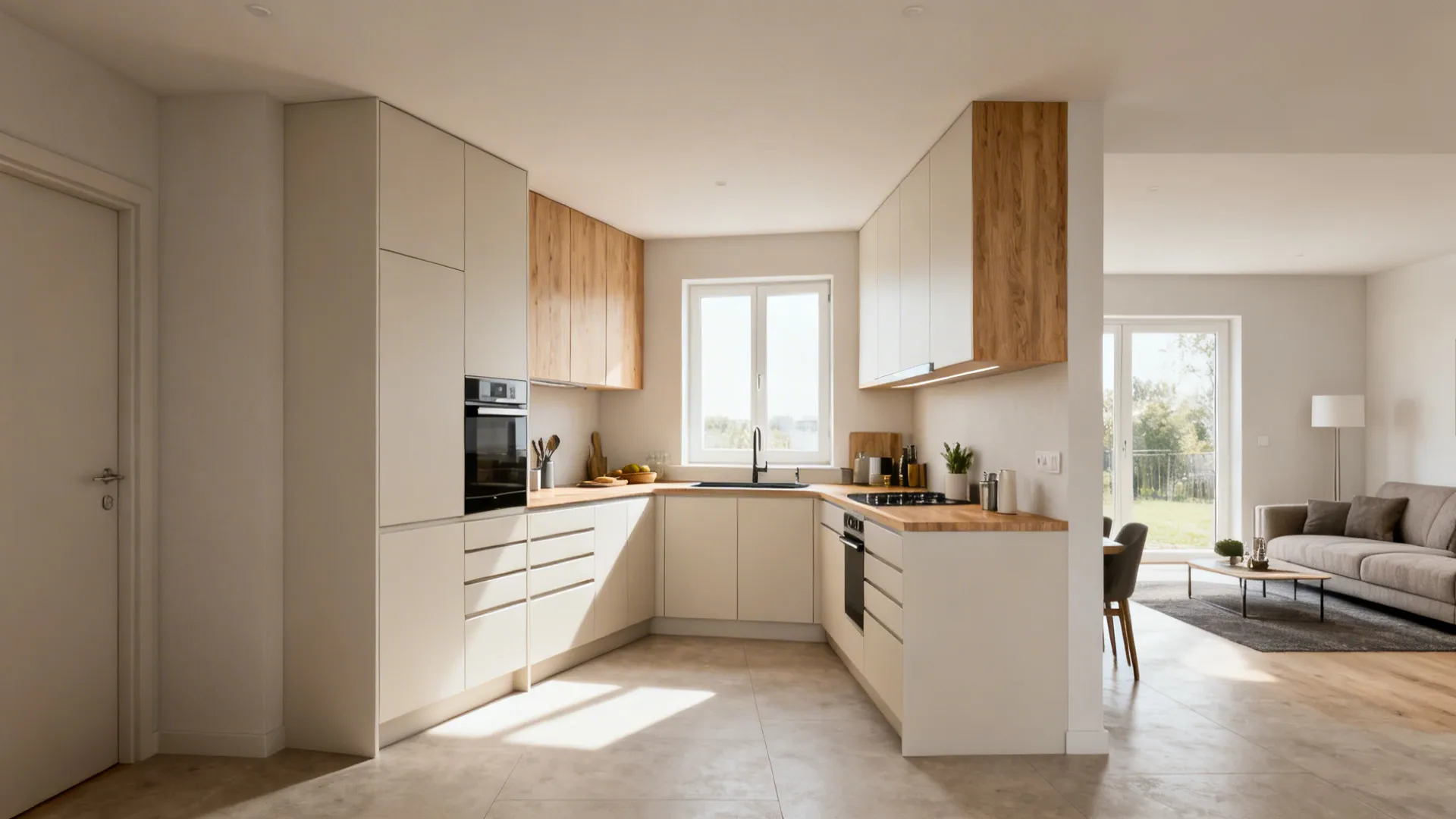 L-shaped small open kitchen with a wide prep zone by the window and minimal wall cabinets.