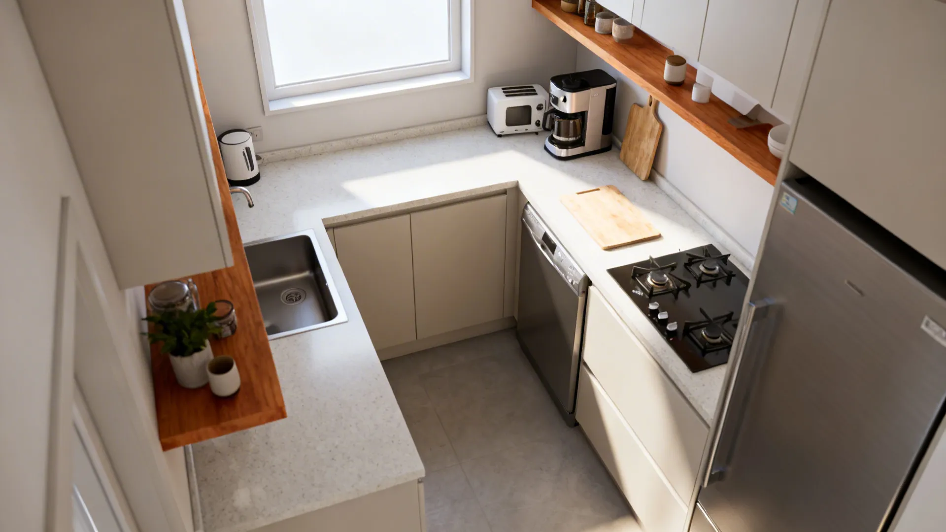 Narrow small kitchen with an L-shaped layout providing continuous prep space and clear circulation.