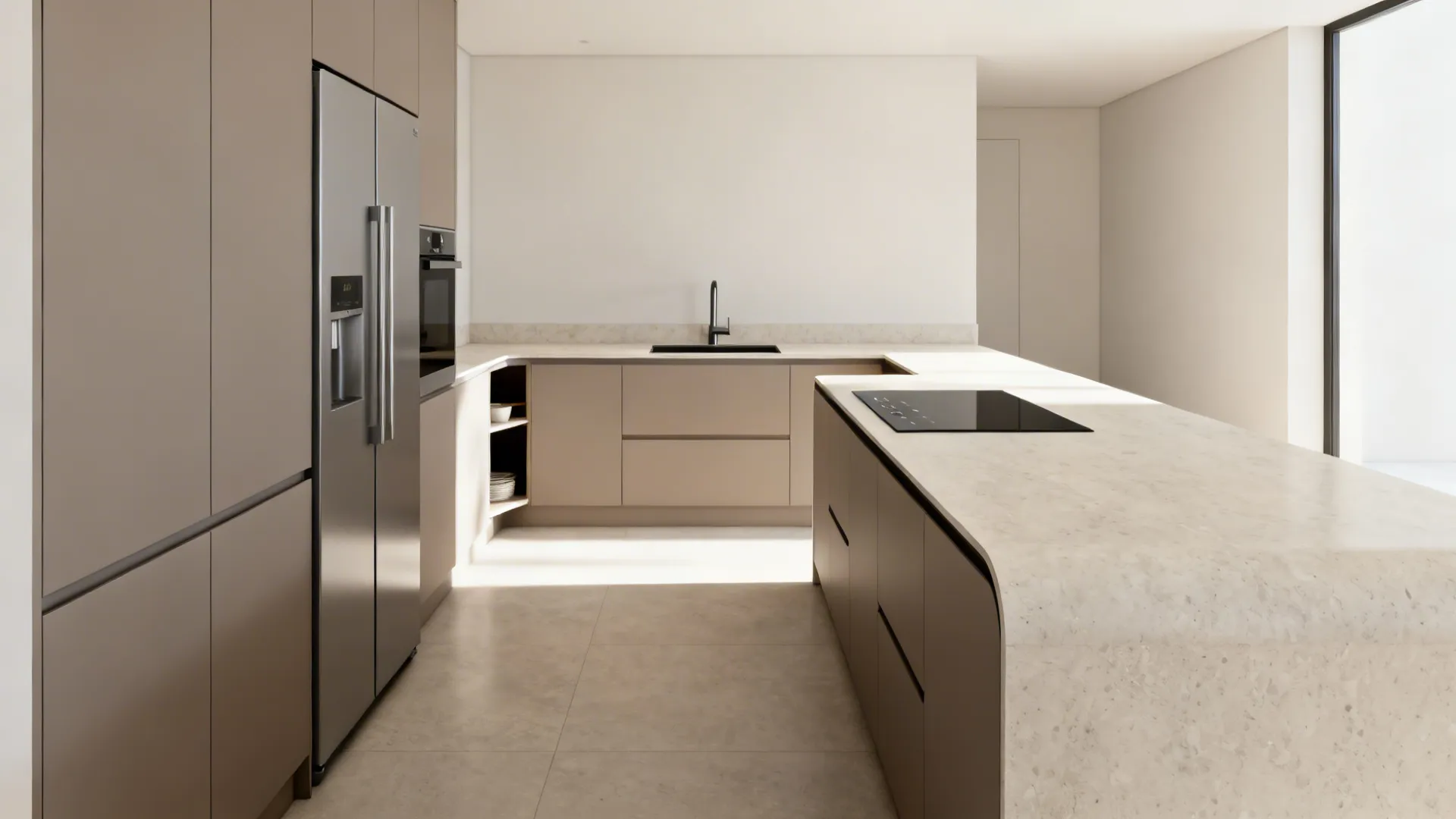 L-shaped 4x3 kitchen with tall units on short leg and clear prep run