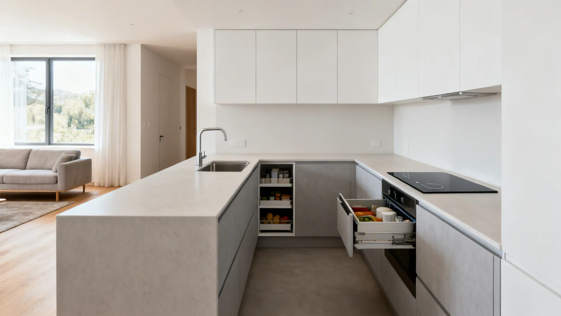 Contemporary small L-shaped kitchen with continuous counters and optimized work zones.