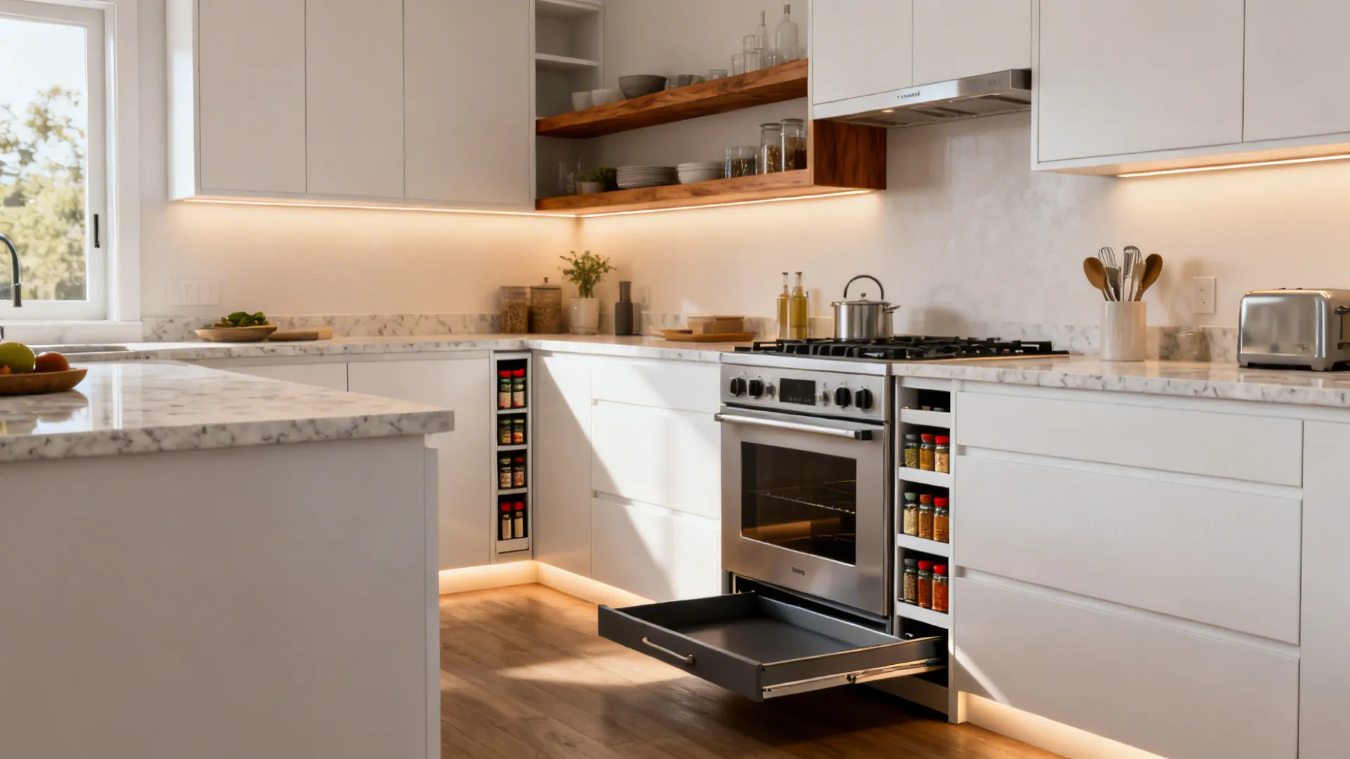 Compact L-shaped semi-modular kitchen with a pull-out spice rack and corner organizer in soft daylight.