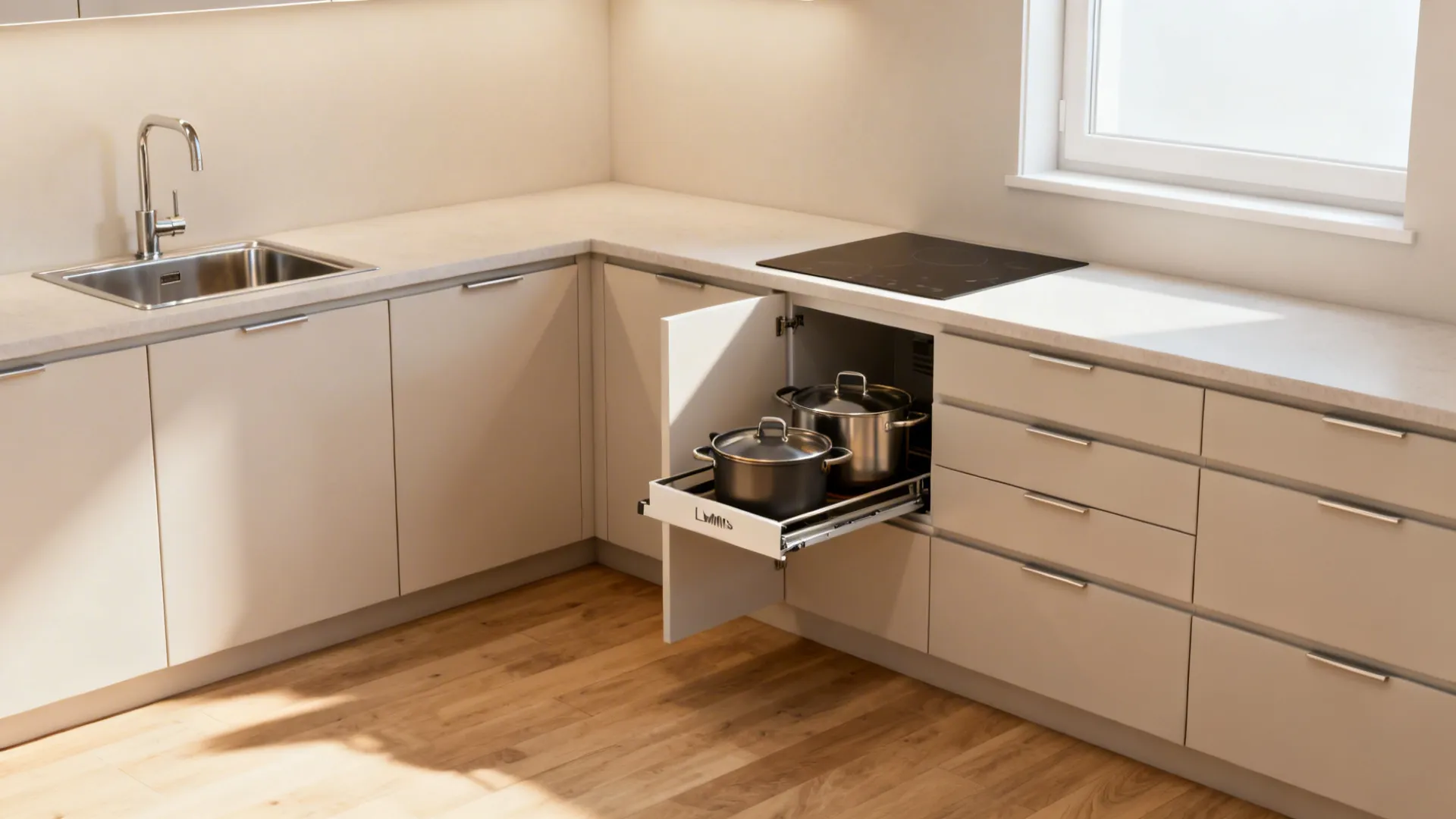 L-shaped layout to free countertop space