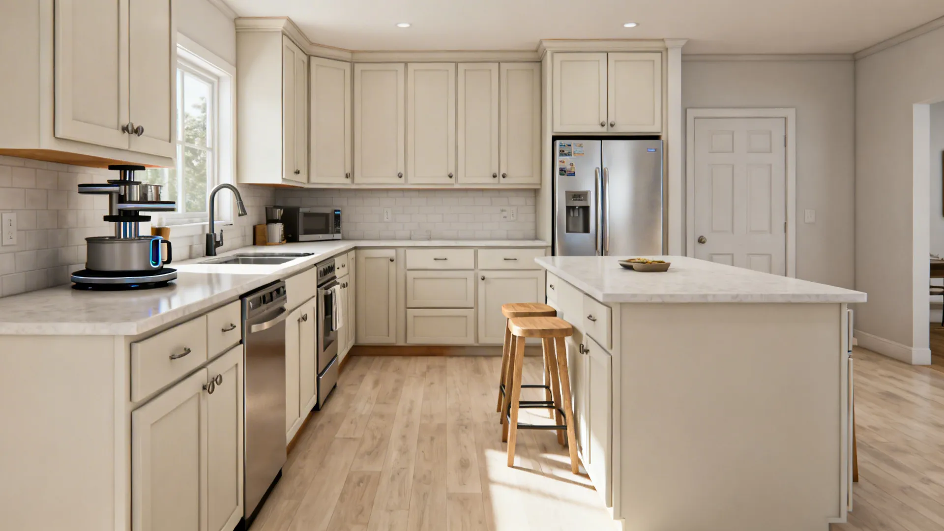 L-shaped 12×9 ft kitchen with long counters, a small peninsula, and clear 42-inch aisles.