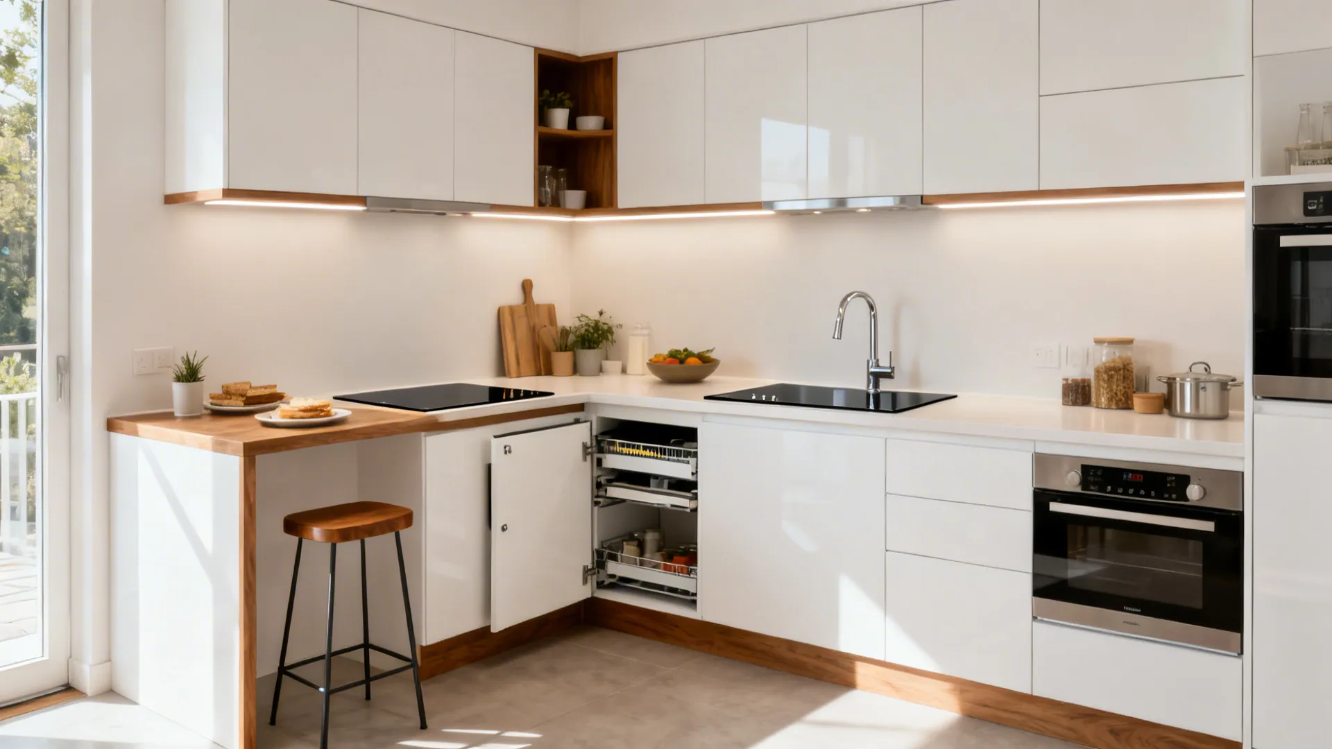 Compact L-shaped kitchen with clear aisles and continuous prep zone in soft daylight.