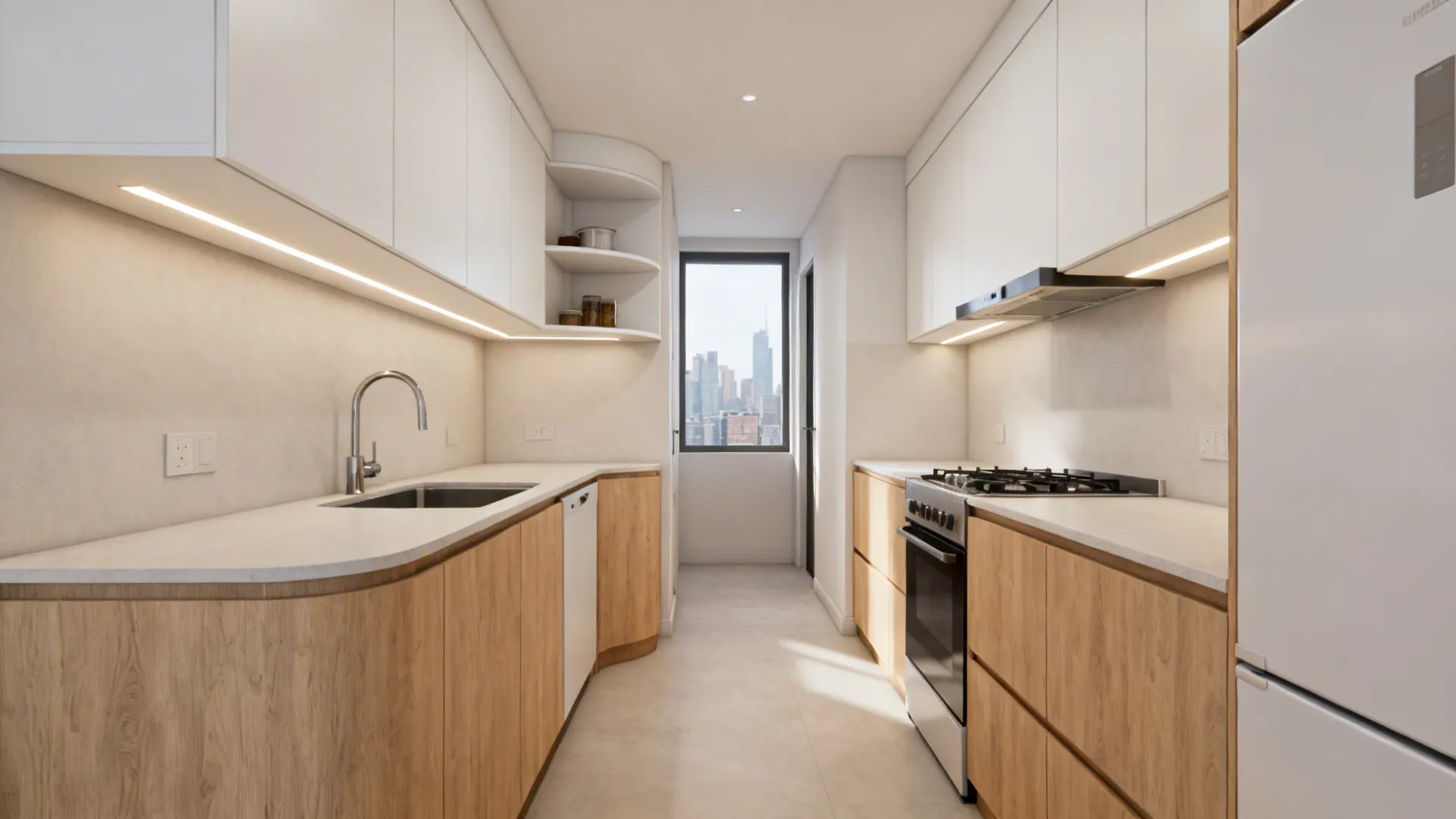 Small L-shaped kitchen with sink, cooktop, and fridge on the long run and a clear aisle.
