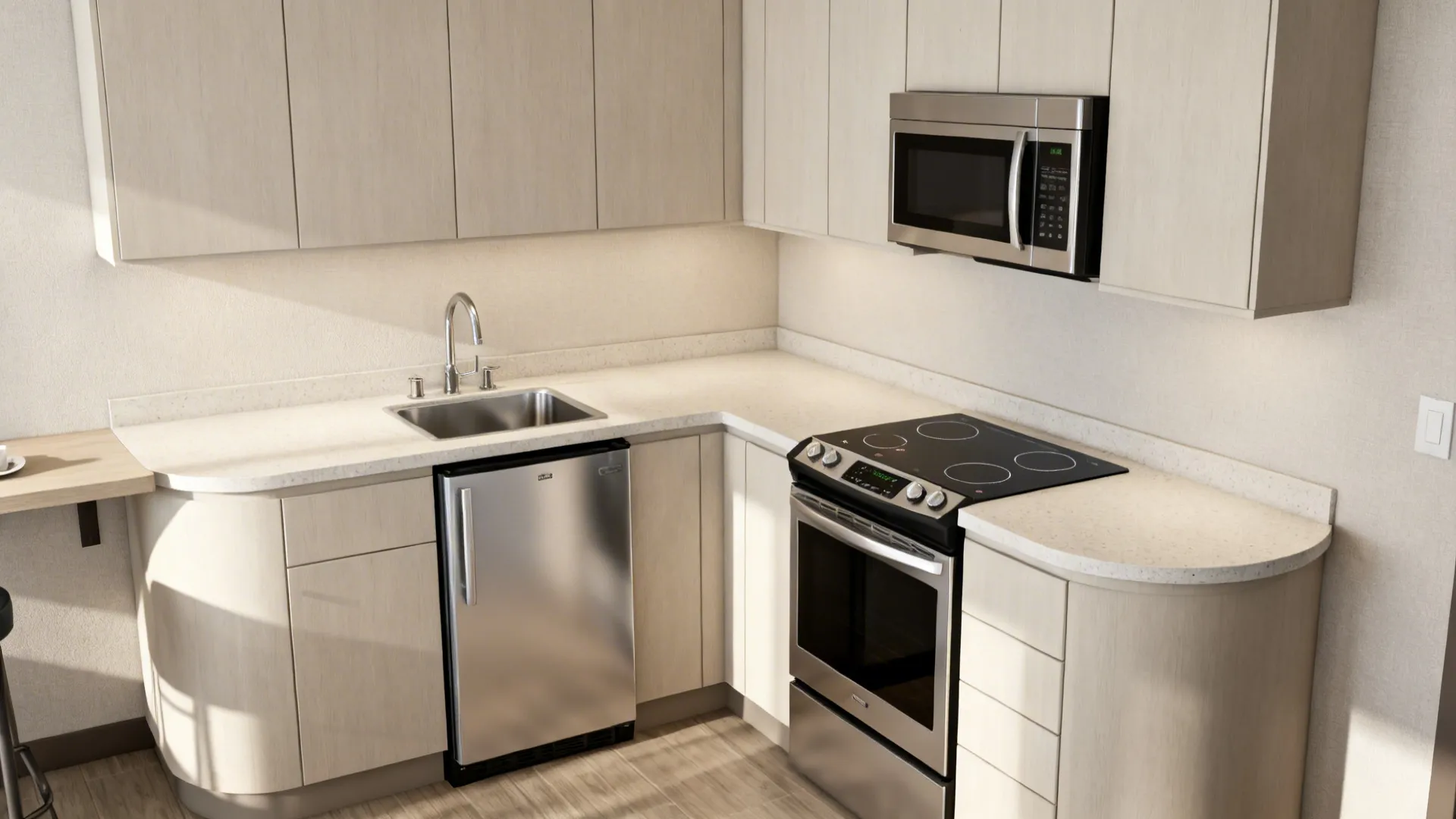 L-shaped compact hotel kitchenette with clear work triangle and slim dining bar.