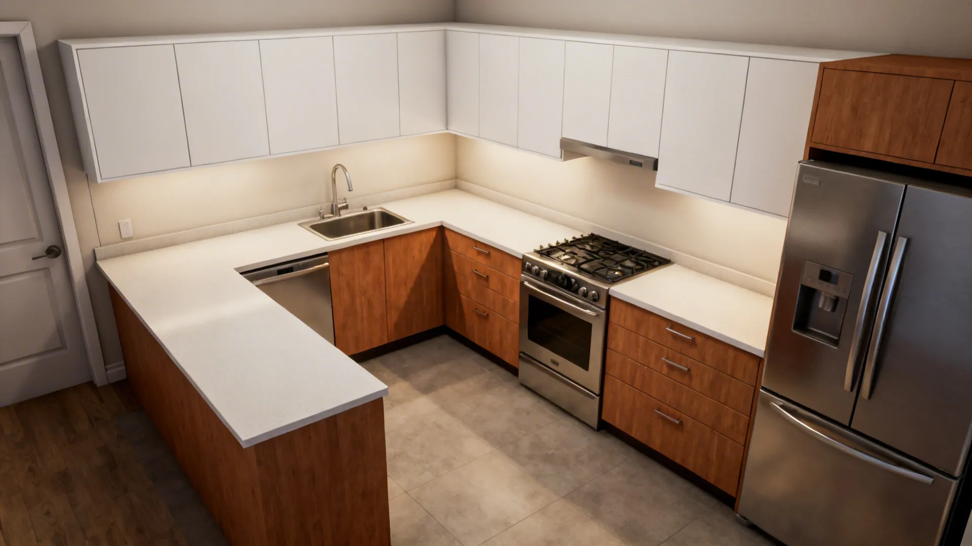 U-shaped kitchen interior design with white upper cabinets, wood base cabinets, and stainless steel appliances