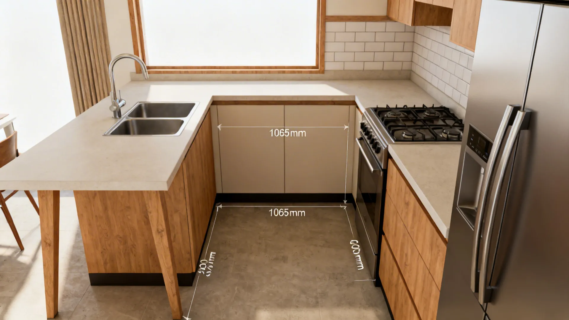 Small L-shaped kitchen with adjacent sink and cooktop, clear aisle, and corner counter space.