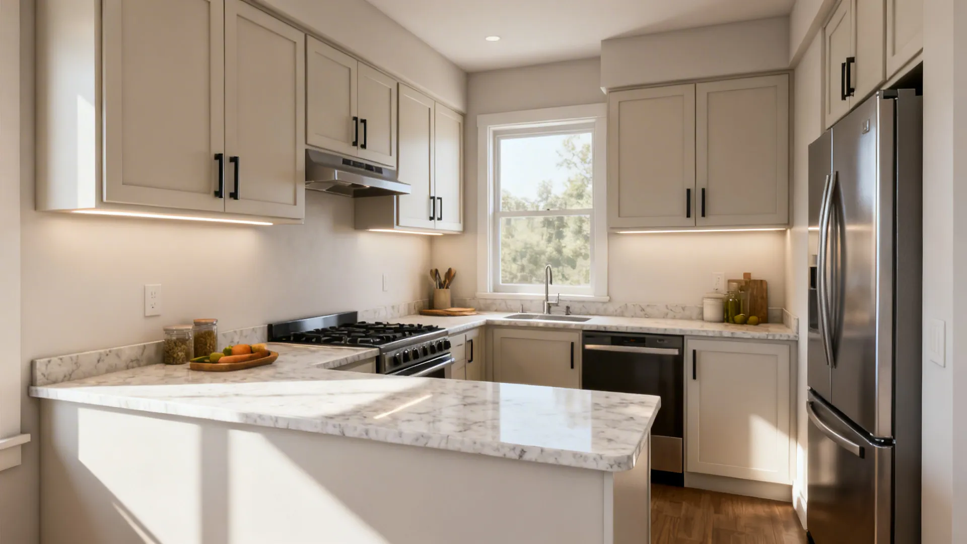 Compact L-shaped kitchen with clear work zones and a long prep counter.