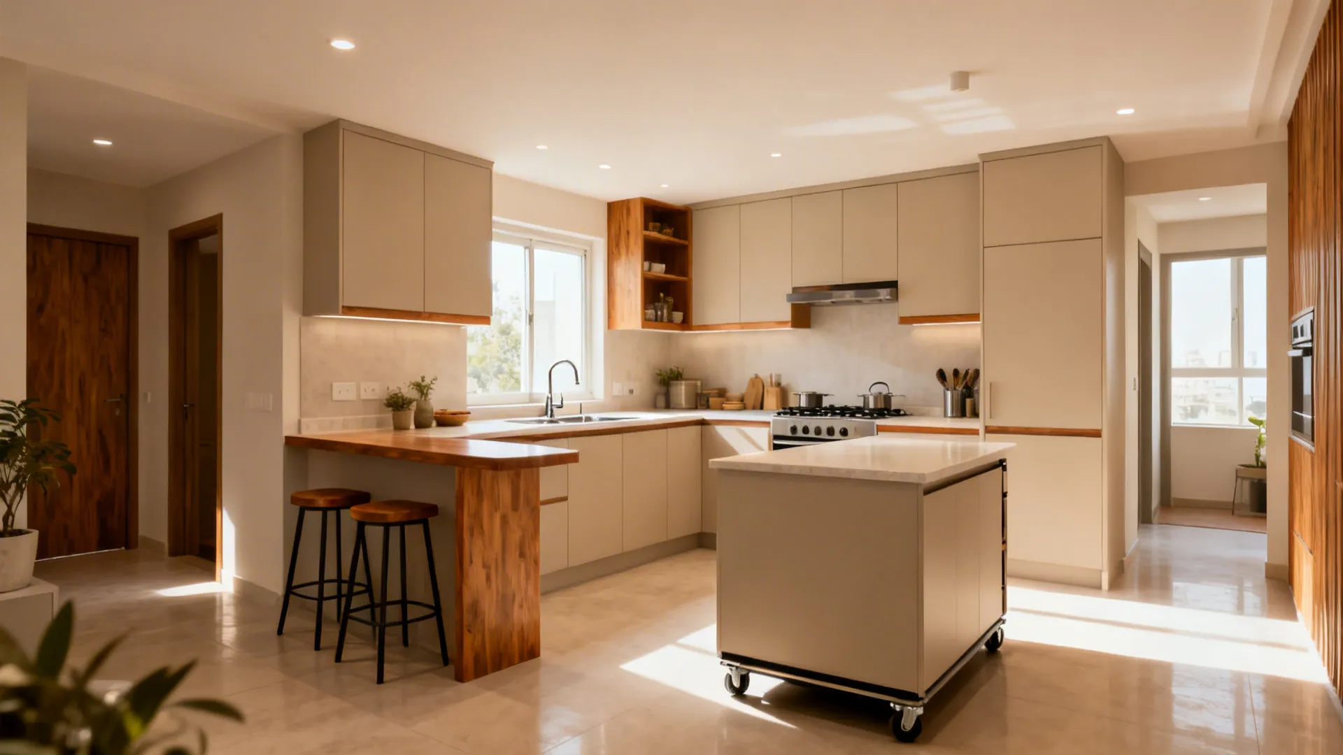 Compact L-shaped kitchen with clear work triangle and extended prep counter.
