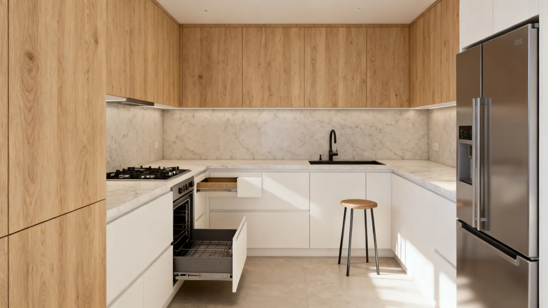 Compact L-shaped kitchen with continuous counters and corner storage solution.