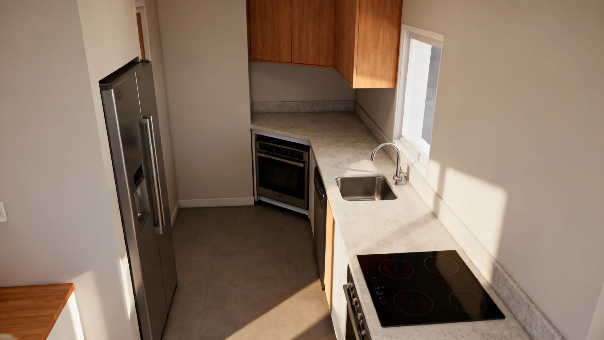 Compact L-shaped kitchen with extended counter space and clear work zones.