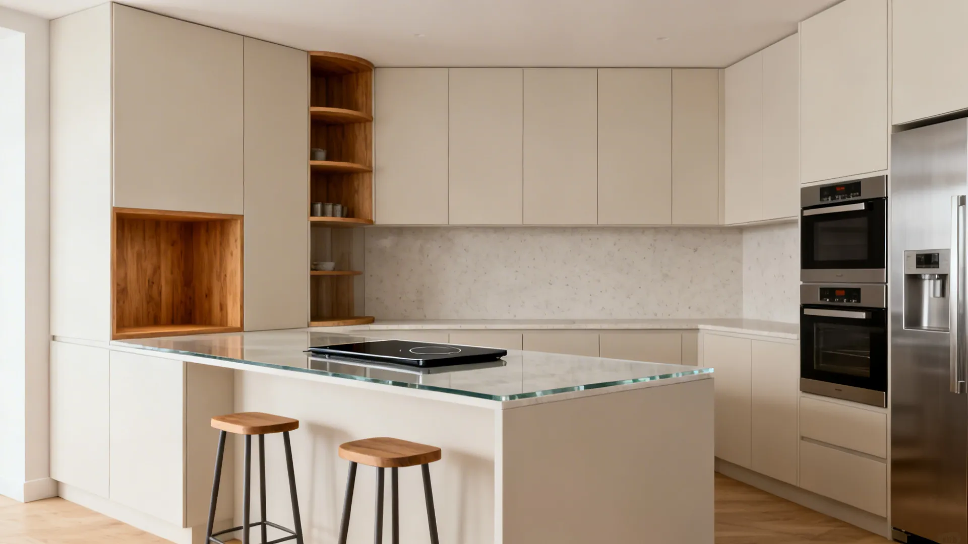 Compact L-shaped kitchen with clear counter space, matte slab cabinets, and an oak niche.