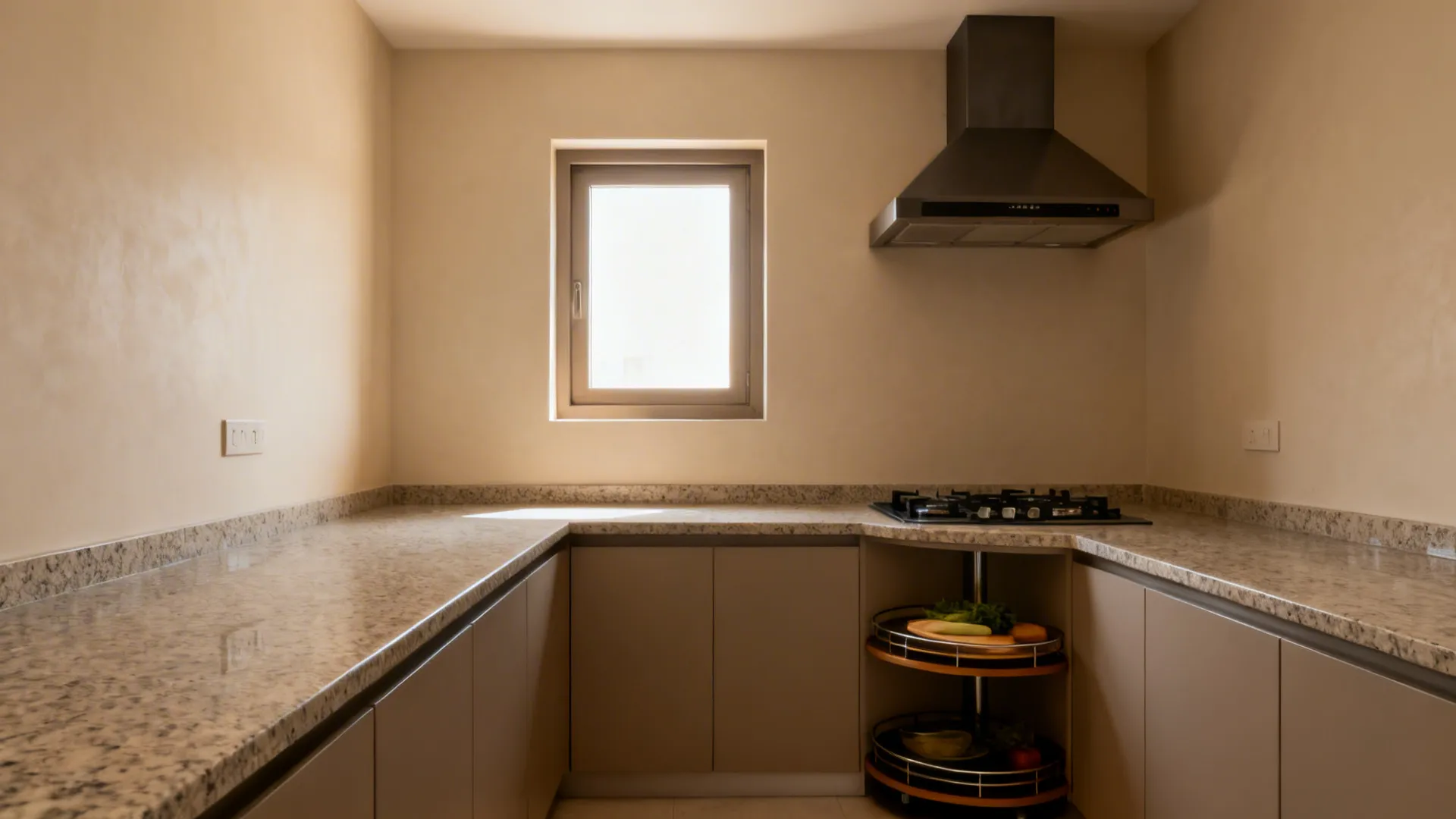 Compact L-shaped small kitchen with extended counter space and a corner carousel.