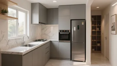 Modern Gray Kitchen with Marble Accents & Smart Layout