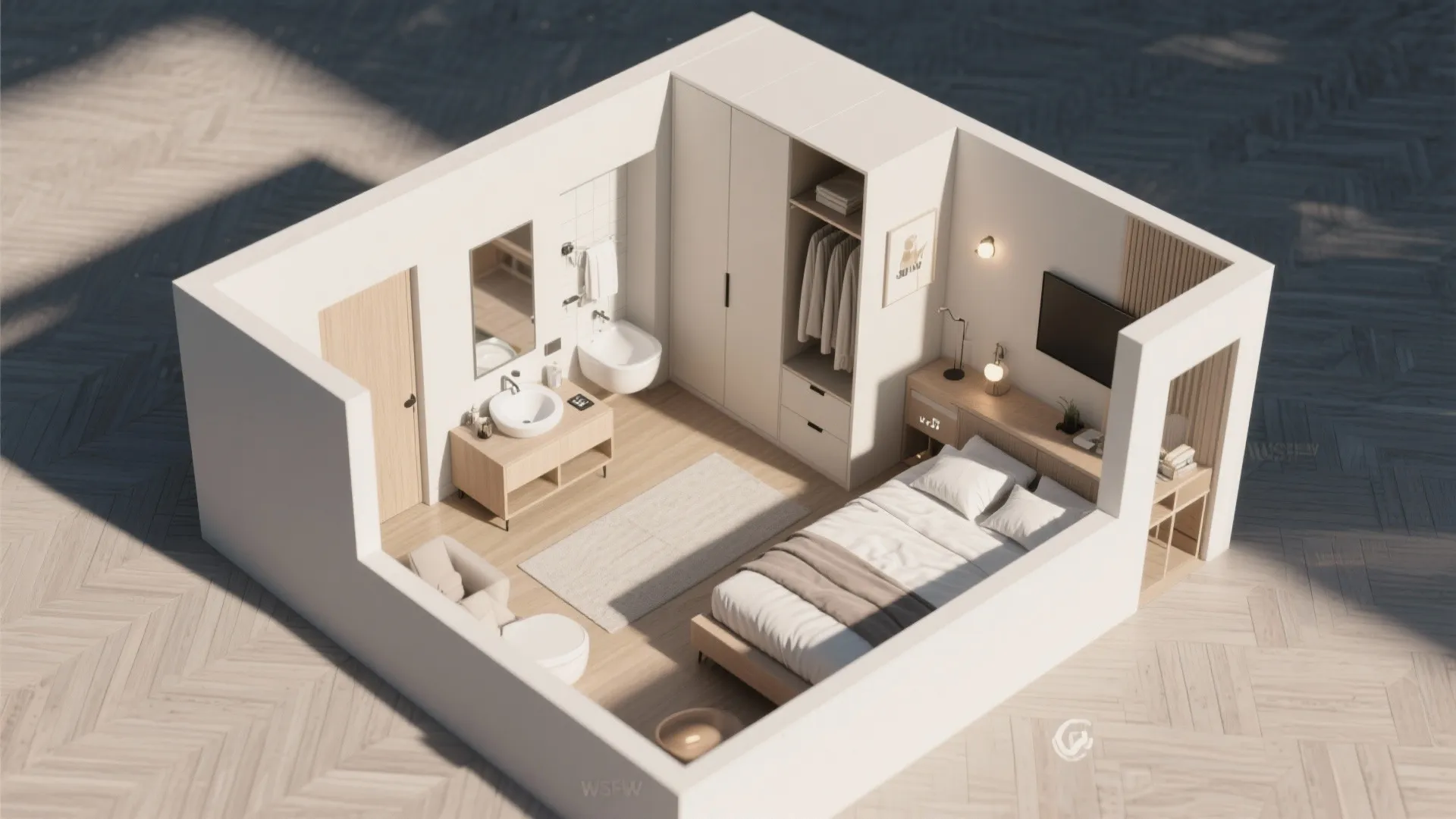 Small studio apartment interior design drawing showing bed wardrobe sink and white walls room layout