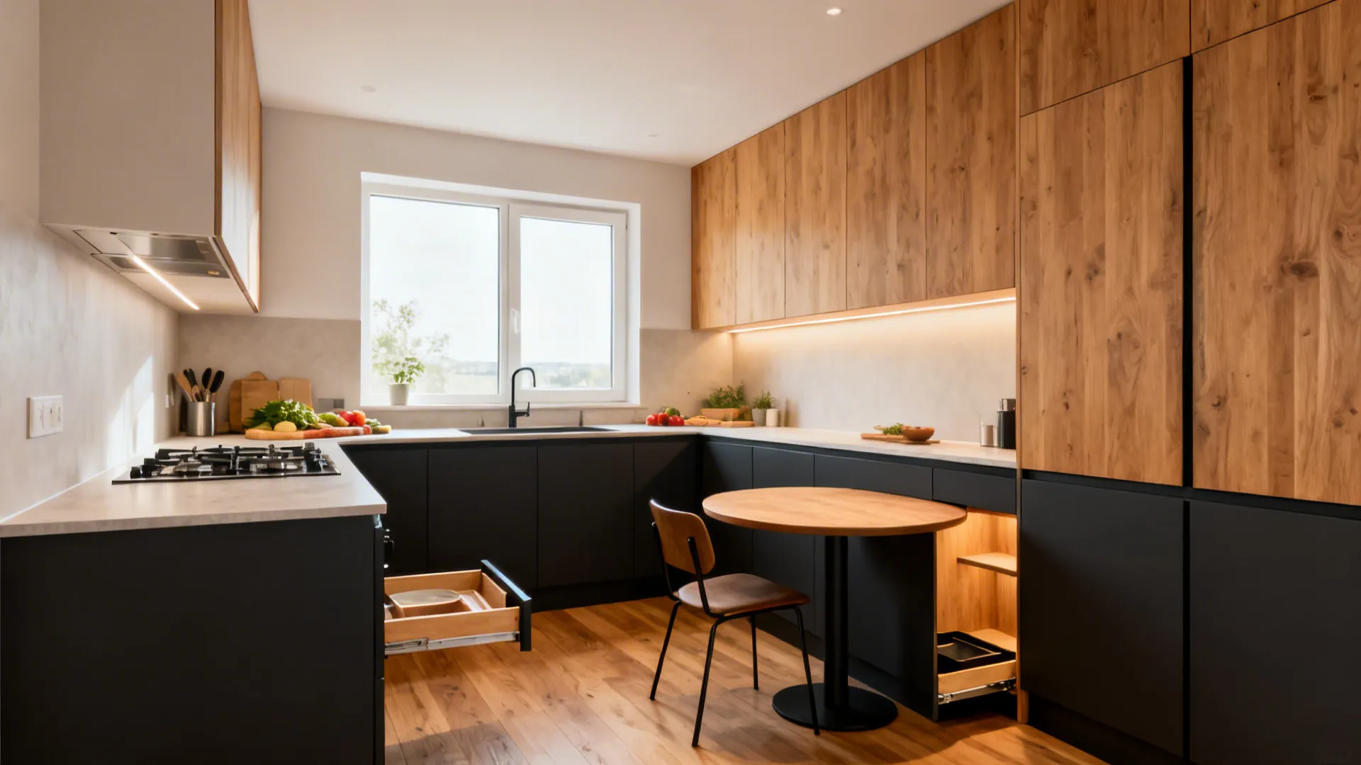 L-Shaped Layout to Maximize Counter and Dining Flow