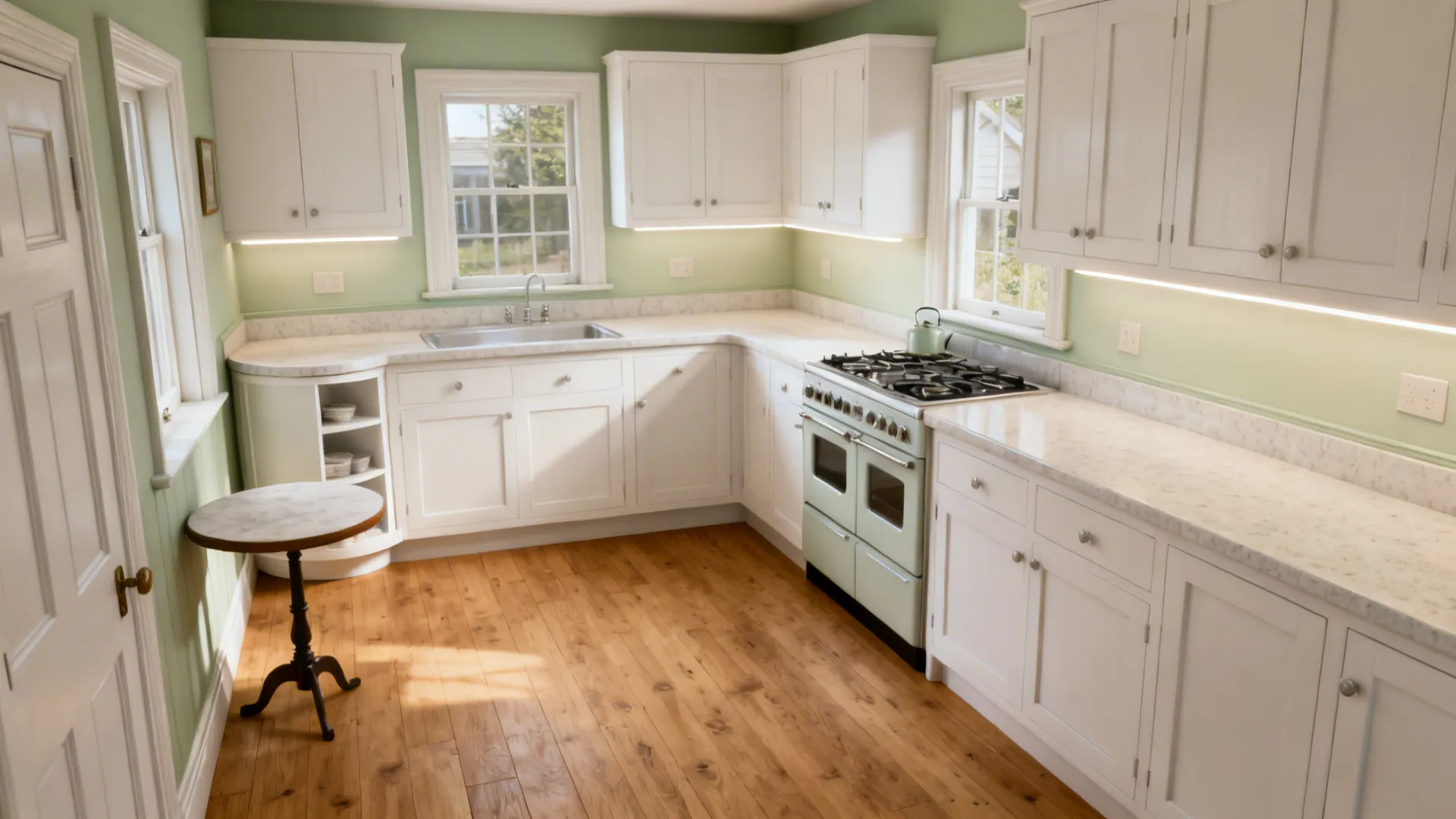 Compact L-shaped kitchen with a long counter run and corner organizer plus a small bistro table.